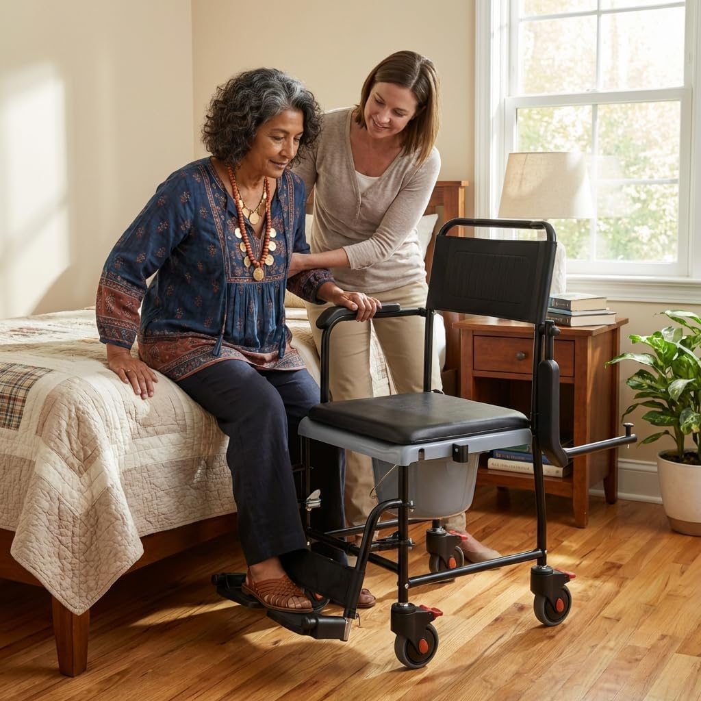 NOVA Medical Products Drop Arm (for Easy User Transfer) Transport Chair Commode, Rolling with Locking Wheels & Removable Padded Seat, Hammertone 1 Count