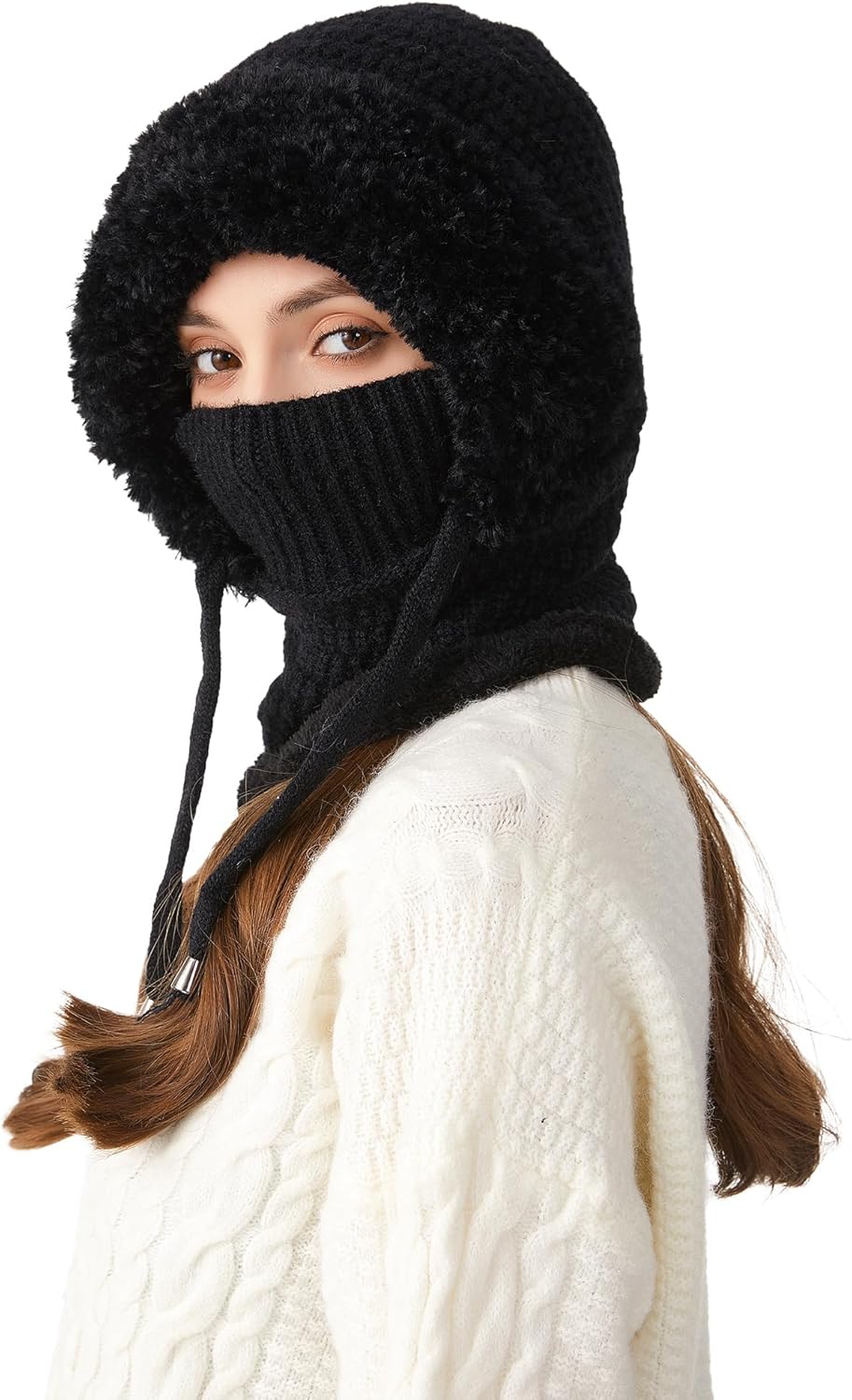 FEOYA Women Balaclava 3 in 1 Beanie Hat Sherpa Hood Knitted Ski Scarf and Mask Set Hooded One Piece Windproof Warm Snow Cap