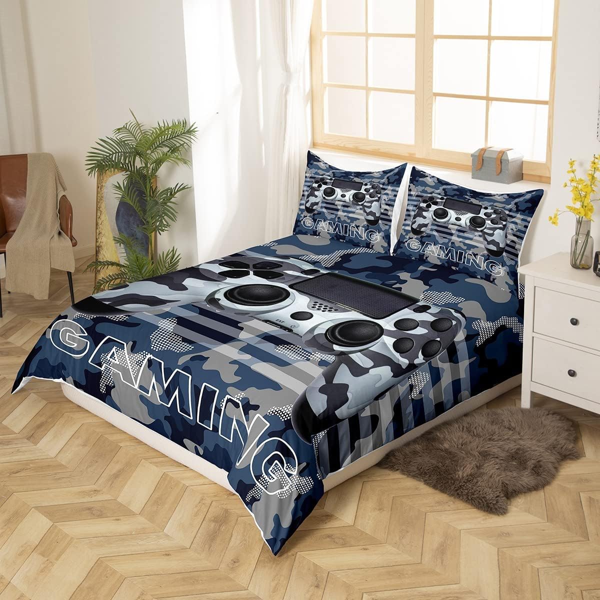 Loussiesd Gamer Bedding Set for Kids Boys Camouflage Gaming Comforter Cover Set Video Game Gamepad Duvet Cover Blue Gray Camo Gontroller Single 2Pcs - Image 3
