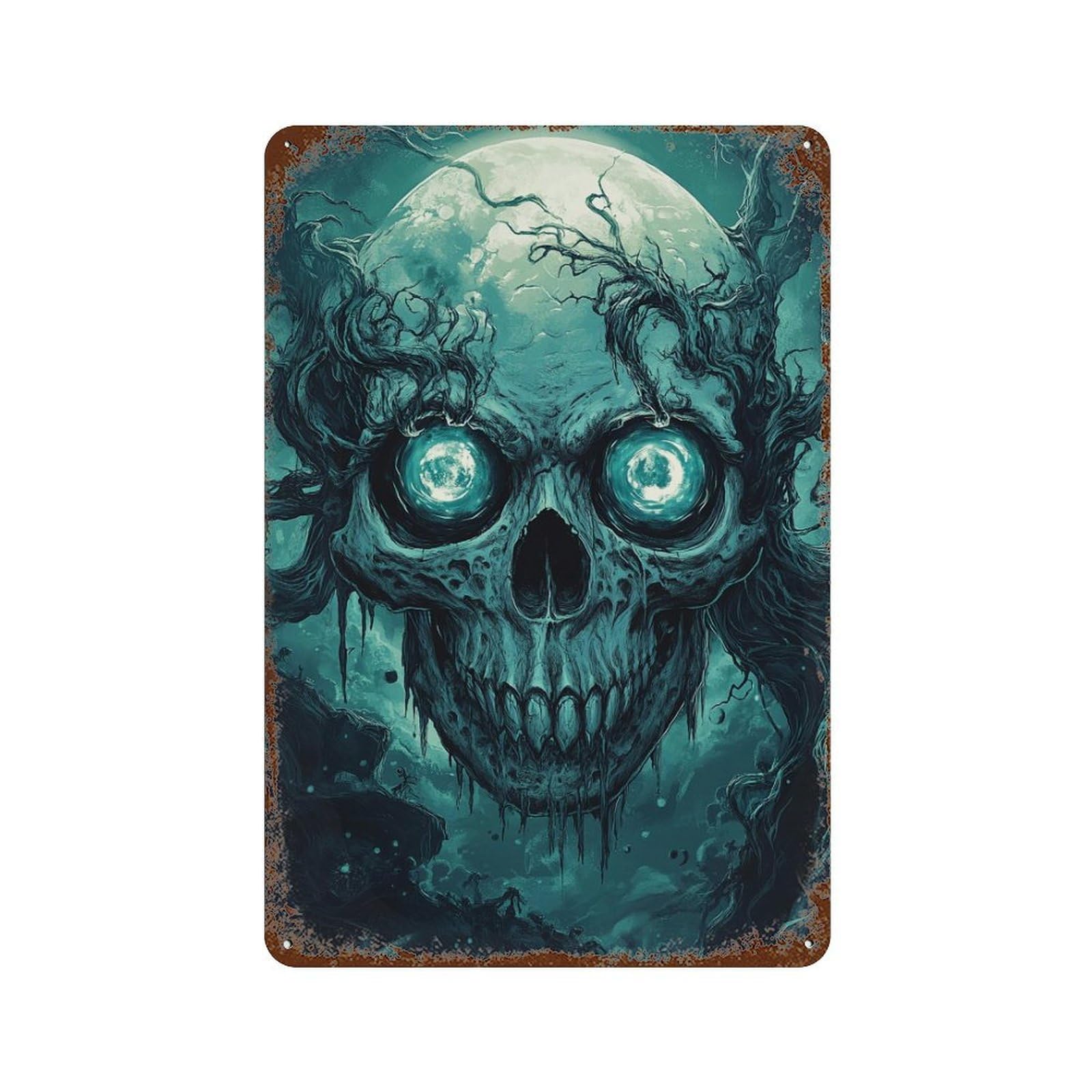 Spooky Skull with Full Moon Weathered Tin Sign 11.8"x7.9", for Basement, Hobby Room And Garage Decor, Rustic Home Decor