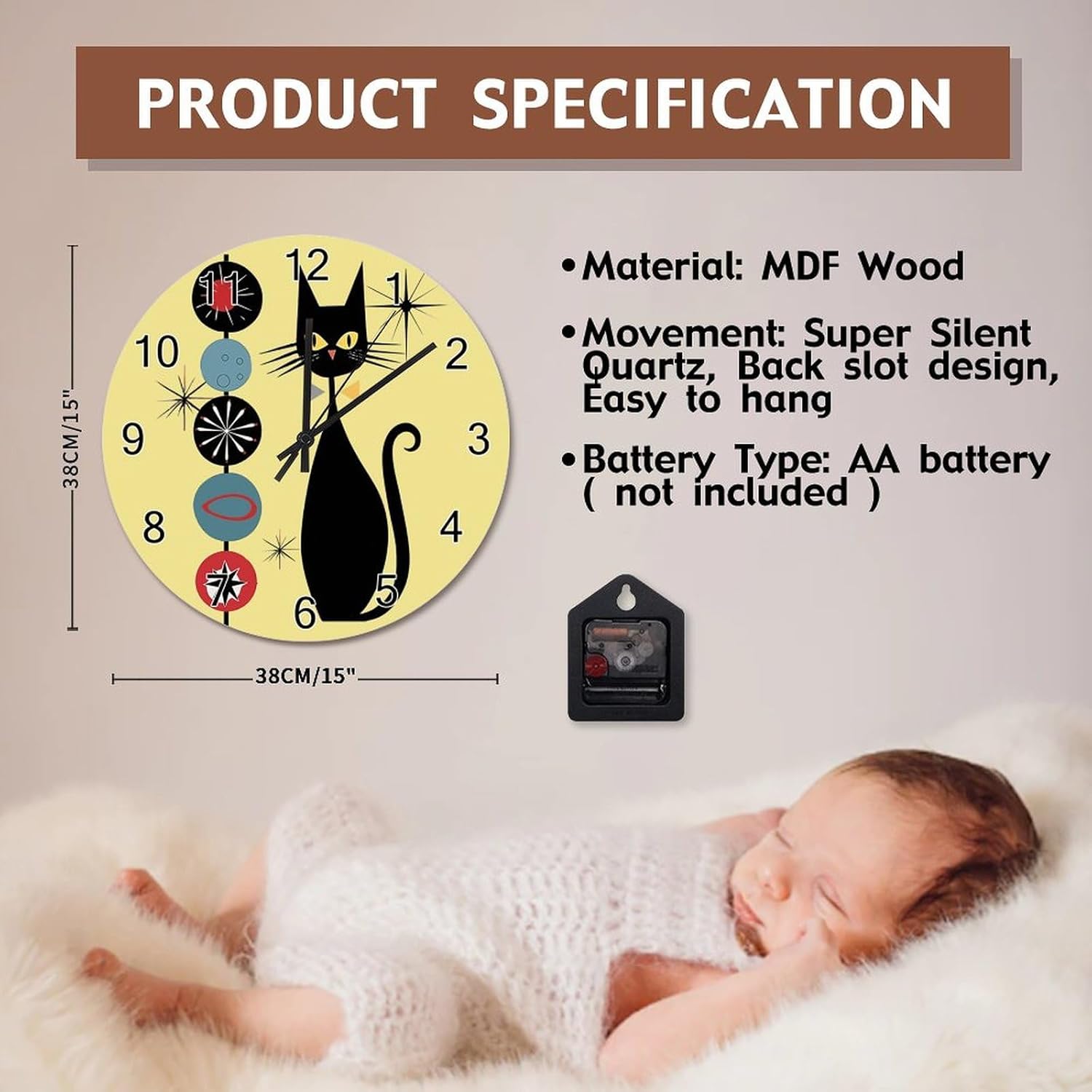 ArogGeld Atomic Era Mid Century Wall Clock Black Cool Cat Round Decorative Clocks Battery Operated 15 Inch Silent Non-Ticking Modern Hanging Clock for Bedroom Living Room Farmhouse Wall Decor