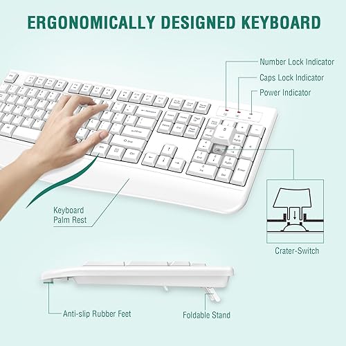 Miniatura 9 de EDJO Teclado inalámbrico, 2.4G ergonómico de tamaño completo, teclado inalámbrico de computadora con reposamuñecas para Windows, Mac OS de
