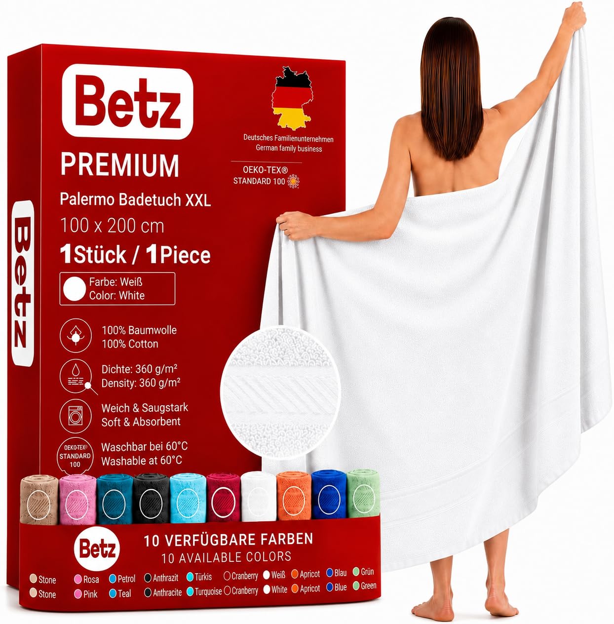 Betz Badetuch XXL 100x200 cm 100% Baumwolle – Weiches Frottee Saunatuch & Strandtuch – Pflegeleicht & saugstark – Palermo Serie – Farbe Weiß
