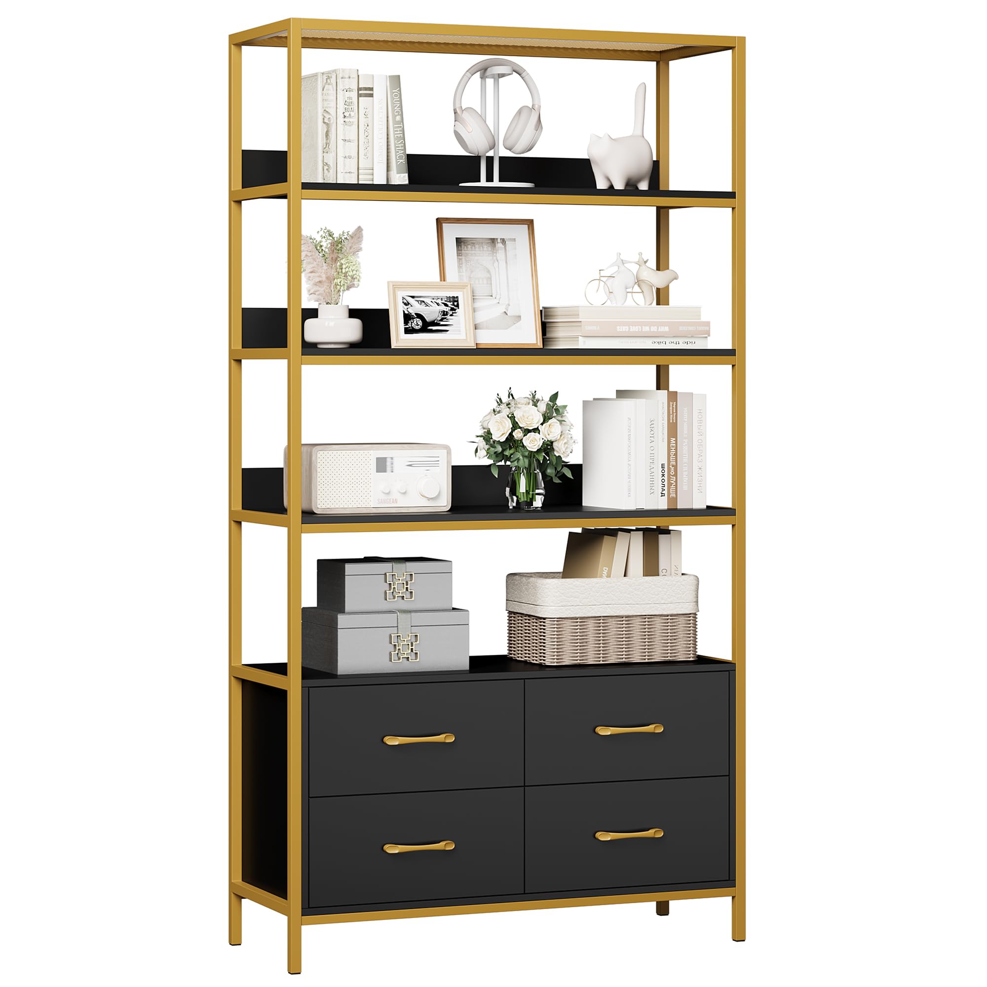 HITHOS 5-Tier Bookshelf with Drawers, 71" Tall Book Shelf with Storage, 35.4" Wide Industrial Etagere Bookcase, Modern Display Storage Cabinet, Black and Gold Open Shelves for Living Room, Home Office