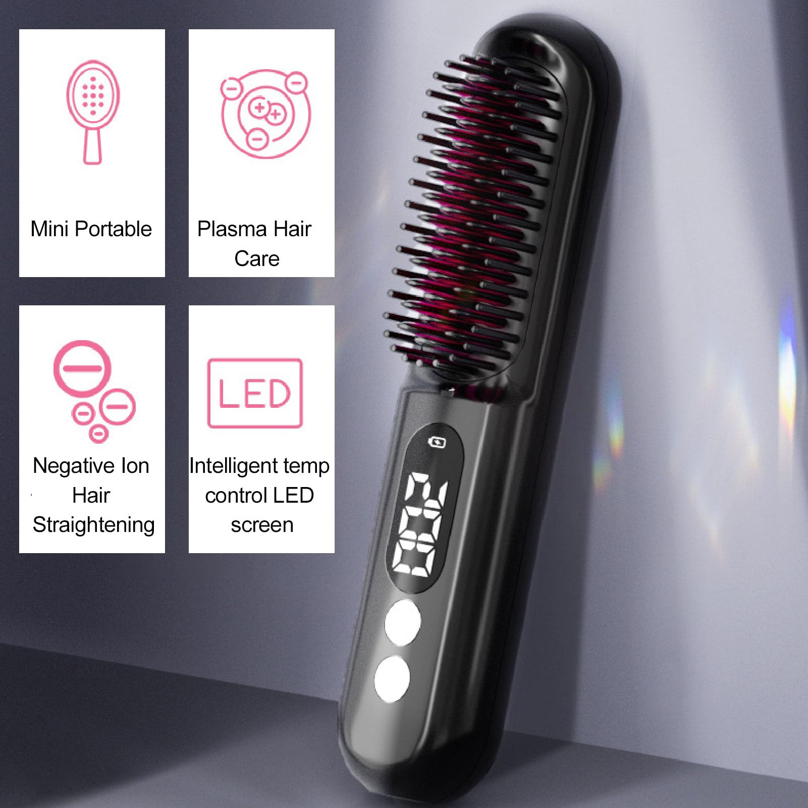 Hair Straightening Brush - Fast Heating Negative Ionic Hair Straightening Brush 1930s, Portable Wireless Hair Straightening Comb for Travel,