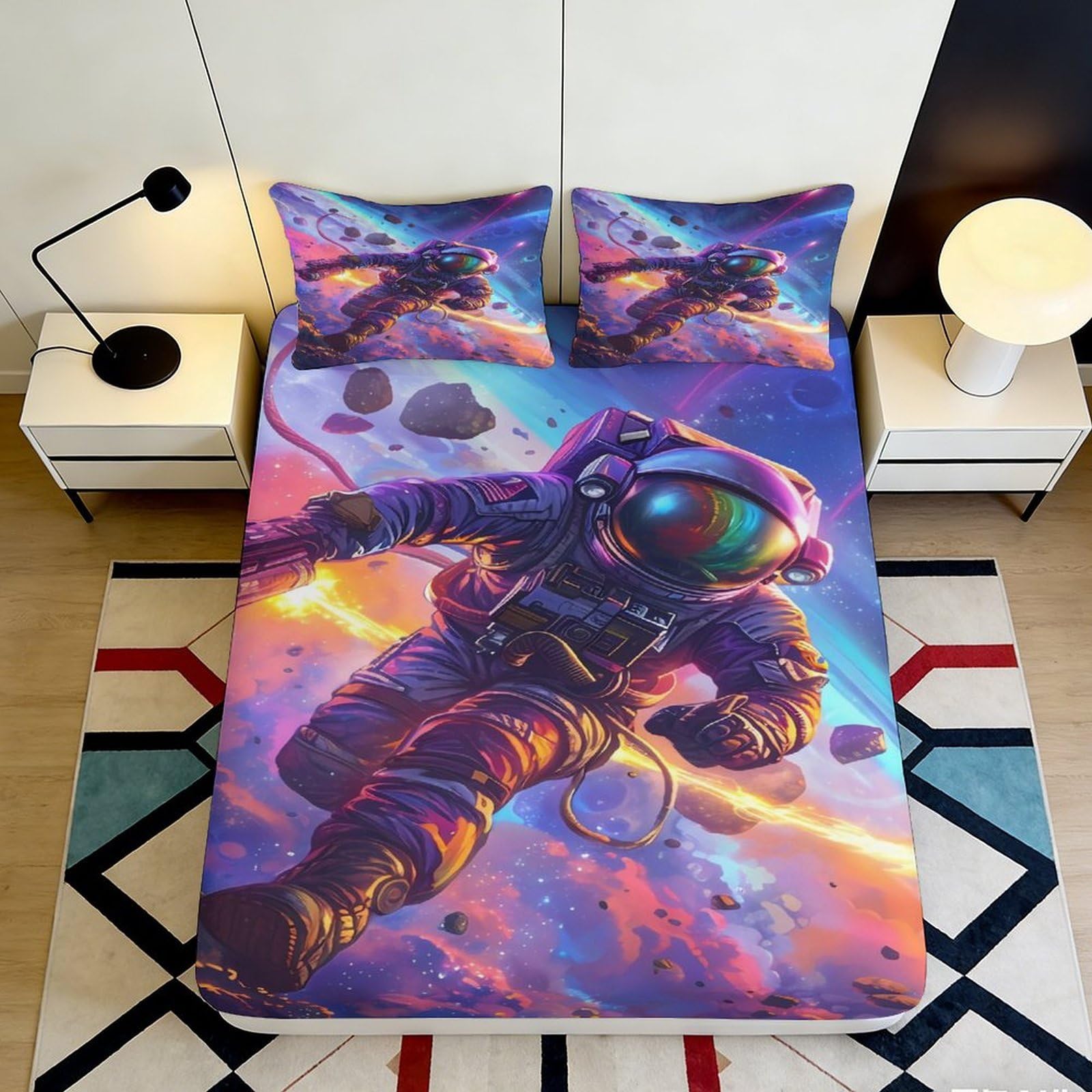 3D Printed Astronaut Space Fitted Sheet Microfiber Soft Vibrant Galaxy Nebula Mattress Cover for Bedroom Dorm Decor 90x200x25cm