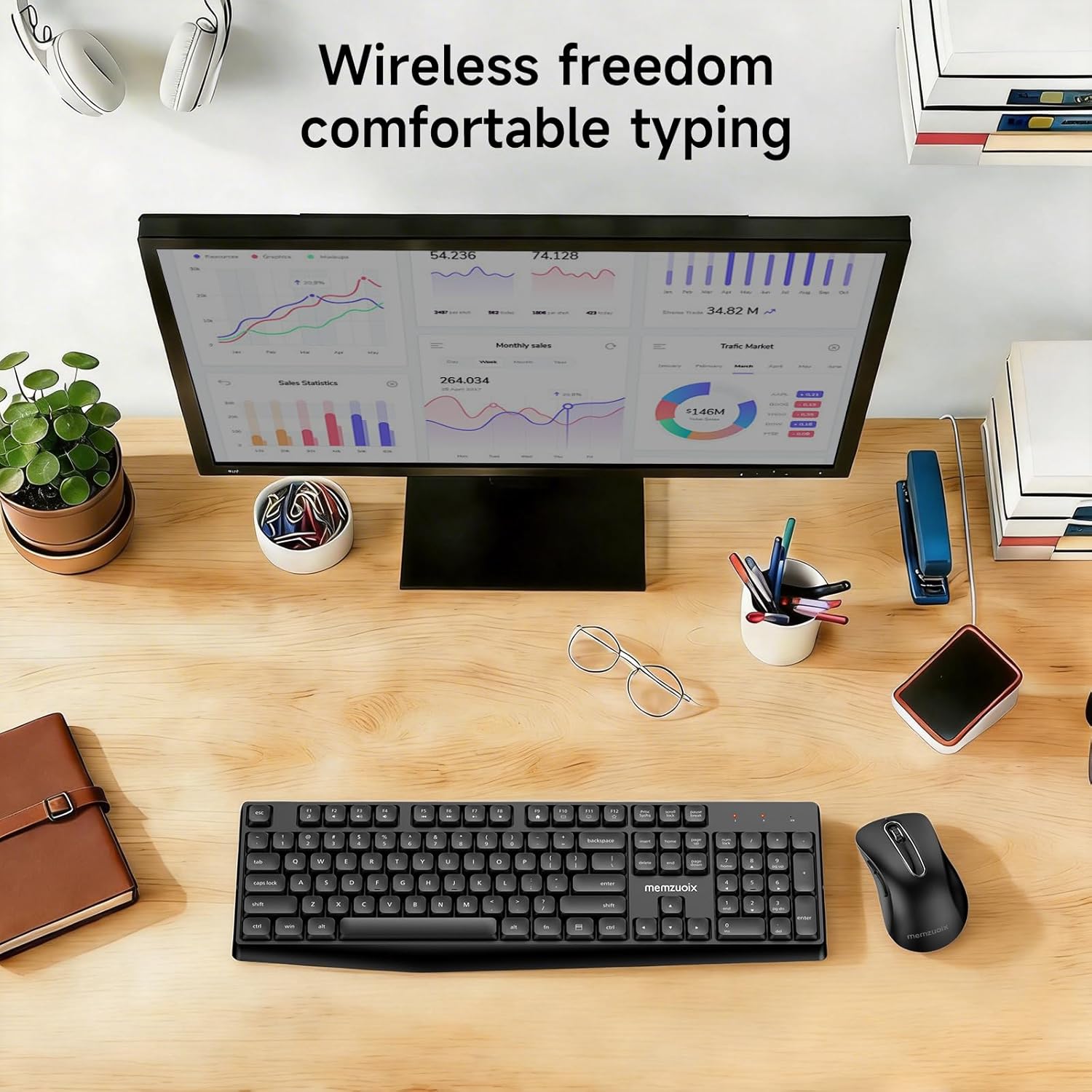 Wireless Keyboard and Mouse Combo, memzuoix 2.4G Full-Size Ergonomic Keyboard Mouse Set, Lag-Free Cordless One USB Receiver for PC, Laptop, Windows, Mac (Black Keyboard + Black Mouse)