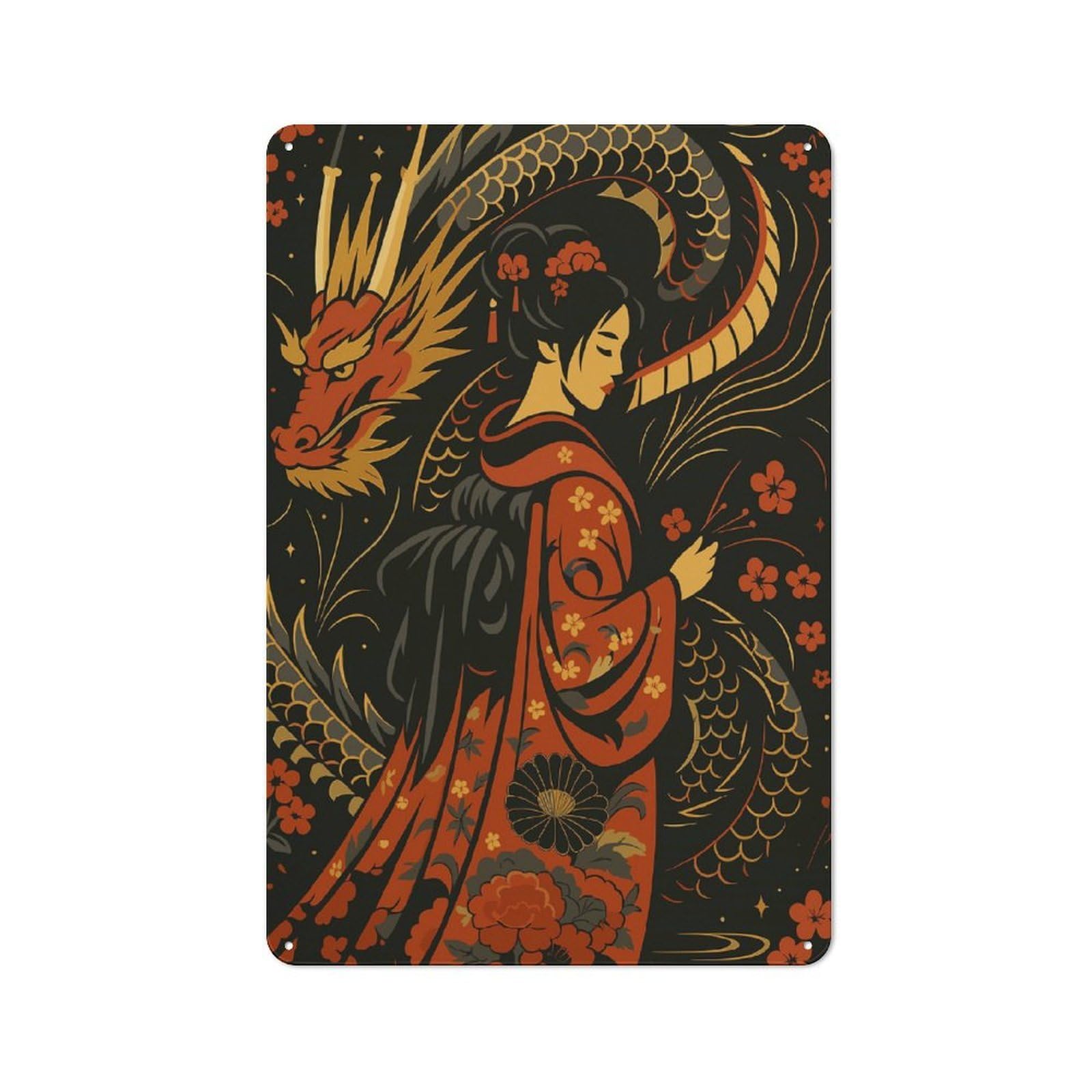 Junmoney Geisha And Dragon Art Illustration Rustic Metal Plaque 30X20cm For Studio Or Craft Room, Suited To Craft Room Decorators