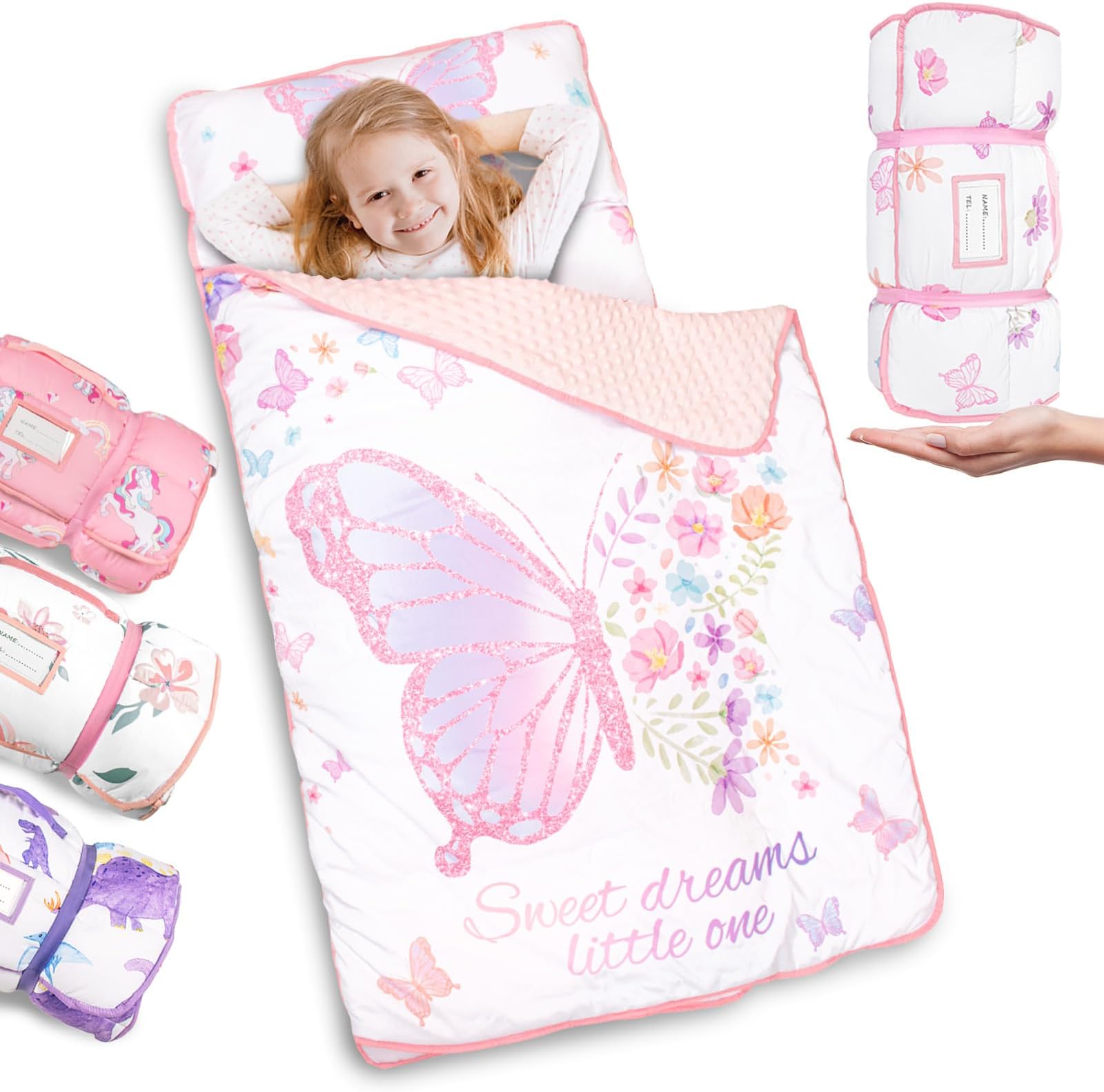 Thickened Toddler Nap Mat with Removable Pillow and Minky Blanket, Extra Large 55''x35'' Sleeping Bag, Washable, Roll up, Perfect for Daycare, Preschool, Kindergarten, Girls Butterfly