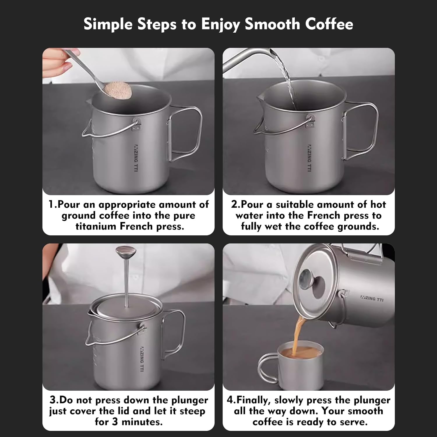 TII ZING Pure Titanium Portable Coffee Press 750ML，camping coffee pot, Ultralight French Press Pot, Cooking & Survival | Compatible with Camp Stoves