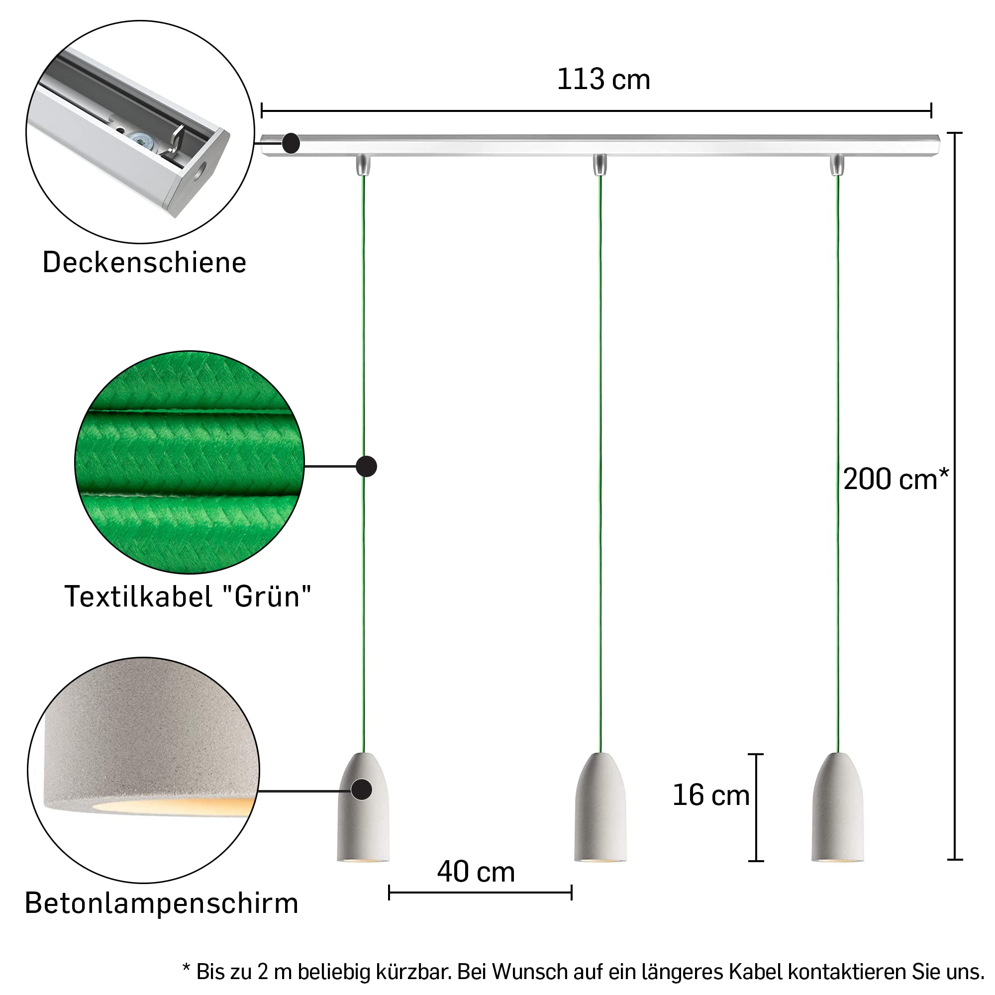 Pendelleuchte 3 flammig light edition, Küchenlampe hängend mit Textilkabel Grün, Hängelampe Esstisch aus Beton