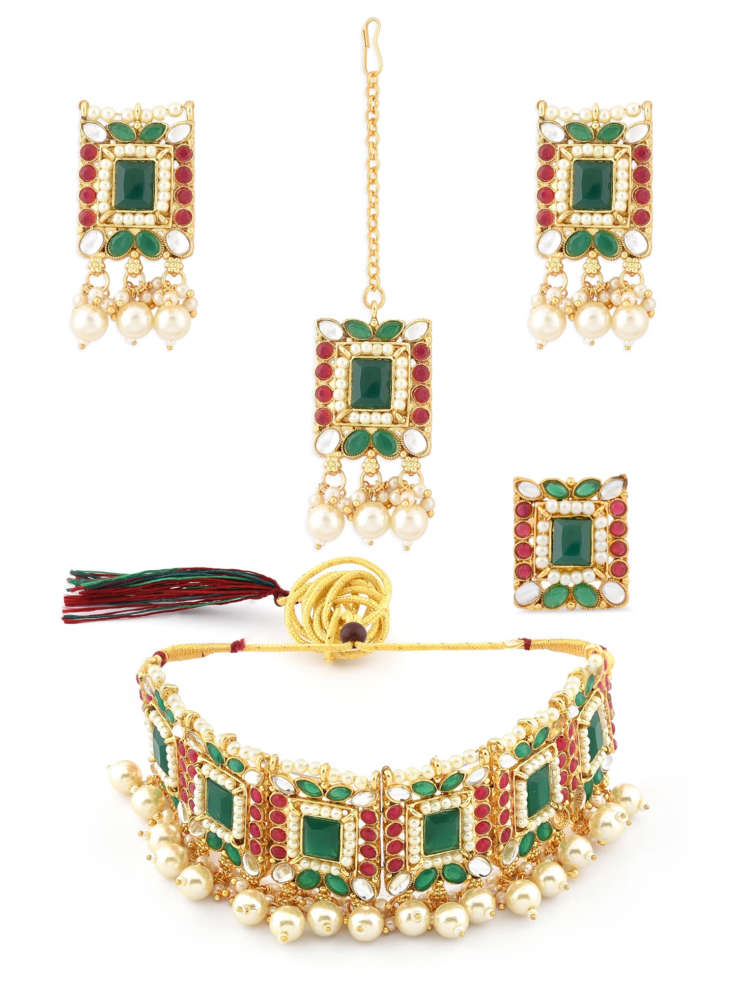 ZAVERI PEARLS Green & Pink Stones Ethnic Choker Necklace Earring Maangtikka & Ring Set For Women-ZPFK12122 (B09RGB2SJW) Amazon Price History, Amazon Price Tracker