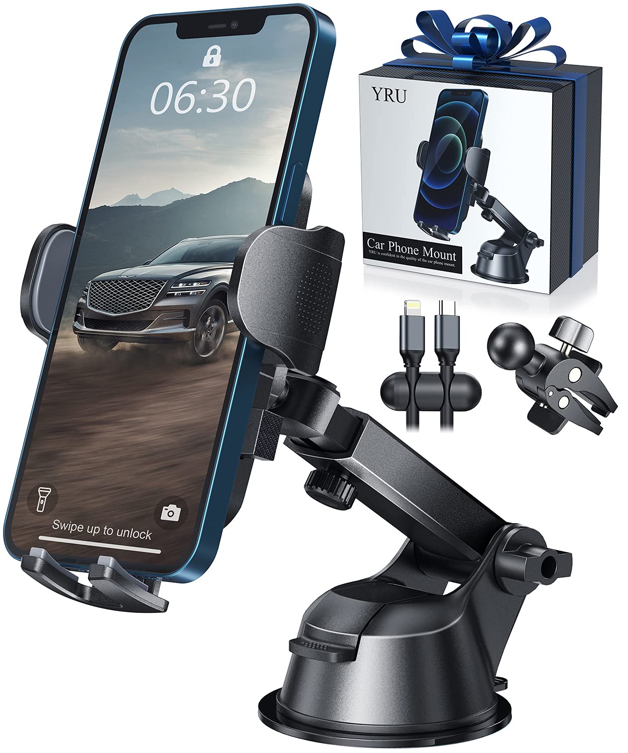 [Upgrade 80LBS Strong Suction]YRU Car Phone Holder Mount,[Bumpy Road Stable] Dashboard Cell Phone Holder for Car Air Vent Windshield Phone Stand for iPhone 14 13 12 Pro Max Samsung & Pickup Truck Grey