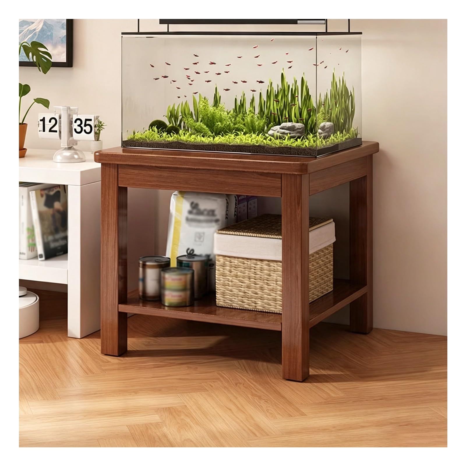 Mobile per Acquario, Supporto in Legno per Acquario | Legno Massello di Gomma, Due Piani d'Appoggio, Montaggio Semplice, Portata di 150 kg(Walnut,50x35x60cm/20x14x24in)