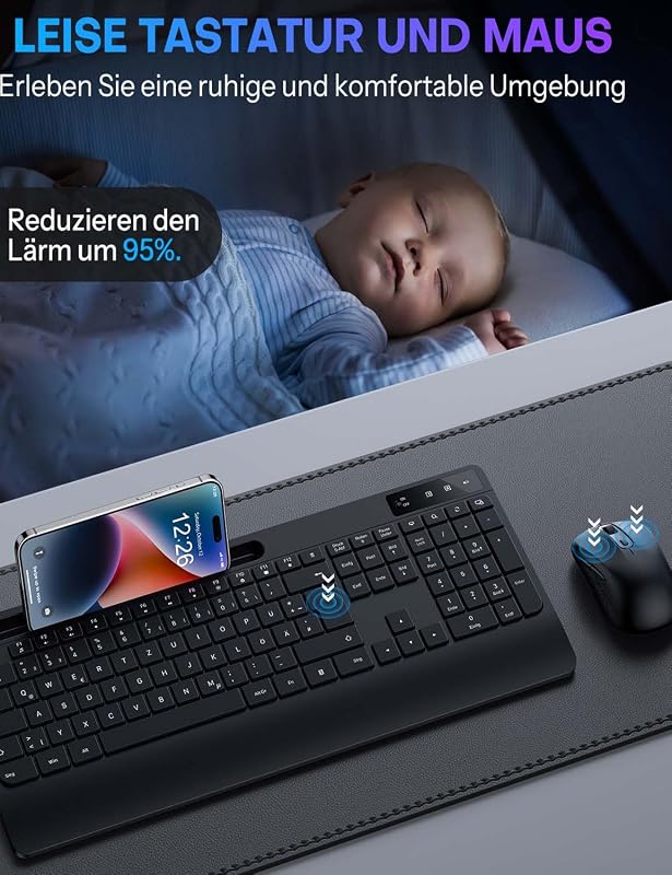 OMOTON Ergonomikus Vezeték Nélküli Billentyűzet-Egér Szett QWERTZ Német Kiosztással, Csuklótámasszal, Állvánnyal, PC/Windows Kompatibilis, F