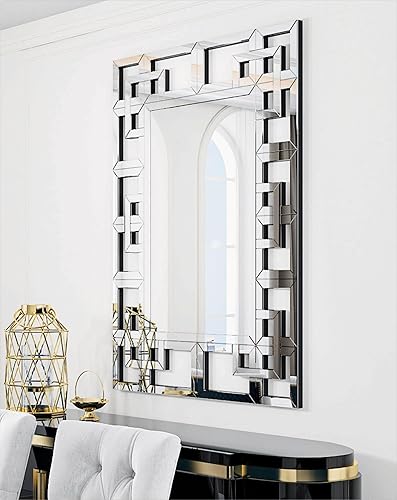 Artloge Espejo decorativo para pared 40 x 28 pulgadas, rectangular, grande, plateado, con cristal biselado, marco veneciano griego, borde de marco