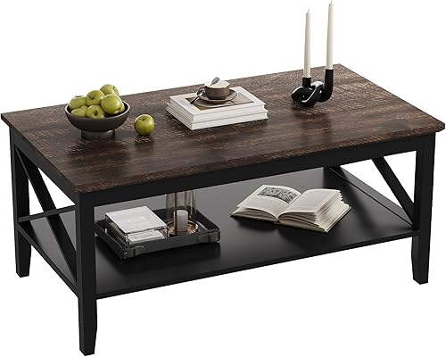 Miniatura 50 de ChooChoo Mesa de centro Oxford con patas más gruesas, mesa de centro de madera negra con almacenamiento para sala de estar Negro -,Negro y