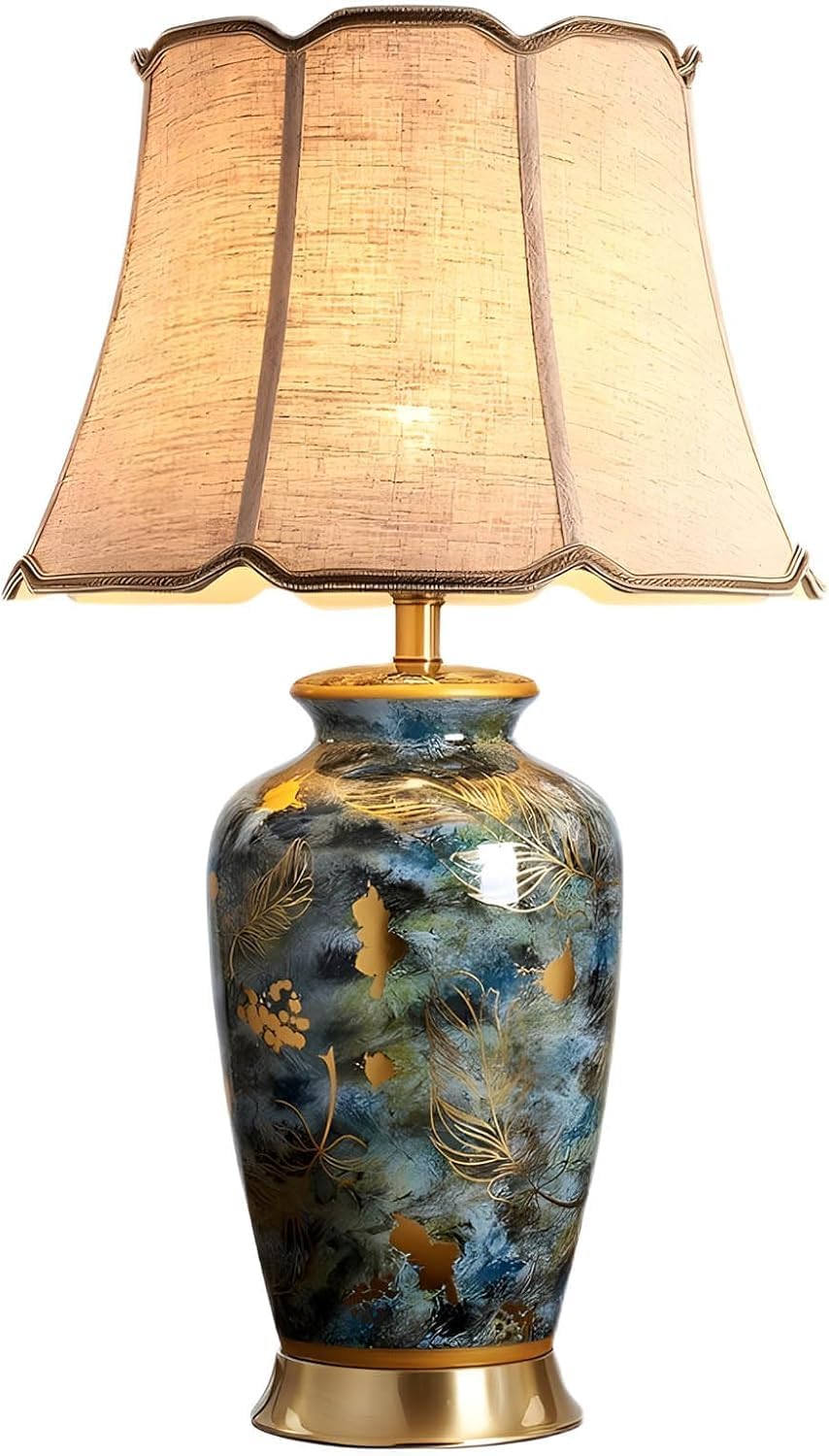 SANBDDLYY 26.7" Blue Green Ceramic Table Lamp - Vintage Oriental Porcelain Nightstand for Living Room, Bedroom, and Office(Octagonal Shade)