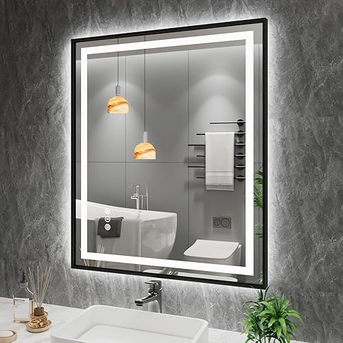 Miniatura 22 de Amorho Espejo de baño LED de 55 x 36 pulgadas, marco negro, luz frontal y retroiluminada, regulable continuamente, antivaho, a prueba de roturas,