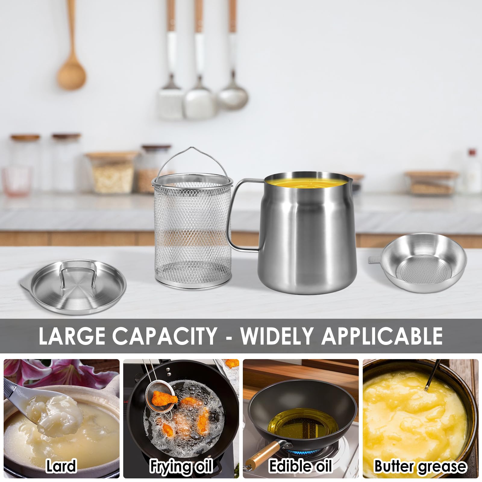 Vaso per filtro dell'olio in acciaio inox, 1,5 l/2 l, capacità, con filtro a rete fine e cestello per friggitrice, serbatoio per filtro dell'olio multifunzionale, contenitore per grasso per