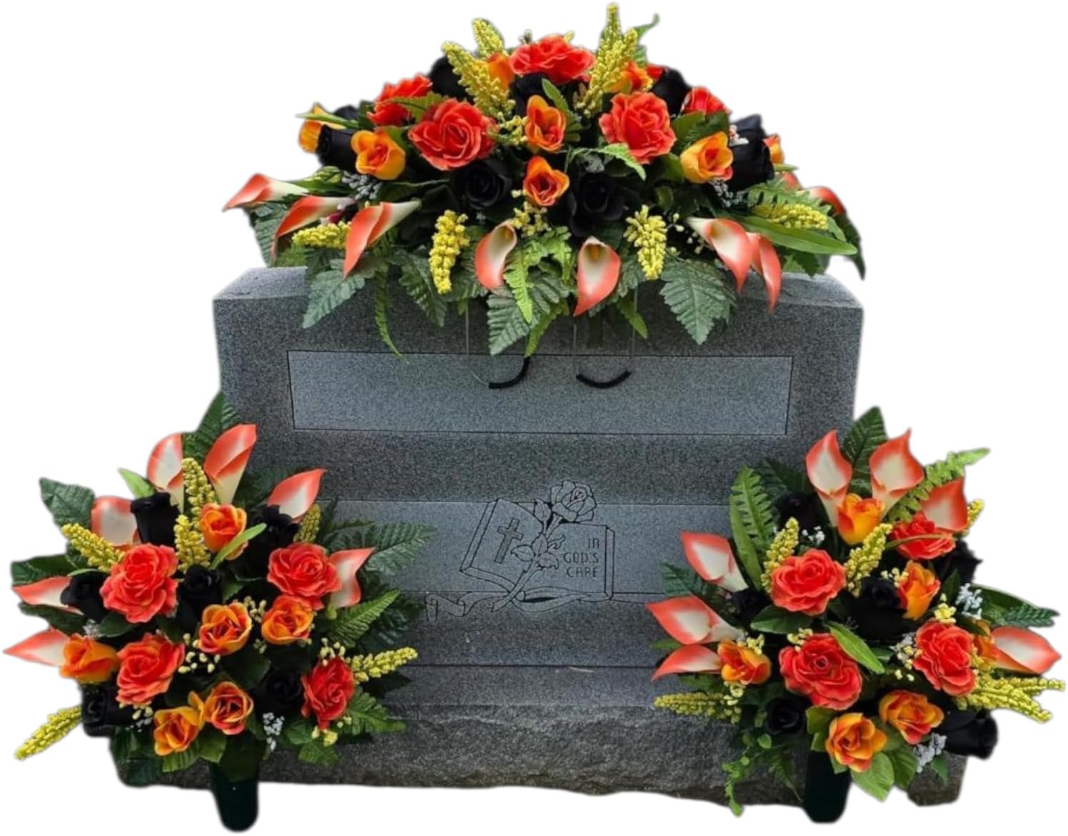 Headstone Saddle and Cemetery Cone Set with Orange and Black Rose Flowers for Halloween, Fall, and Motorcycle Biker Memorial Decoration