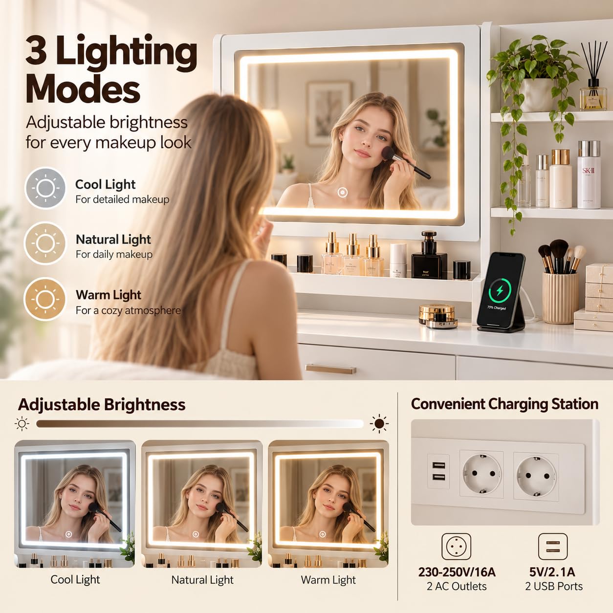 Tocador de Maquillaje con Espejo y LED, Taburete con Almacenamiento, Tocador con 2 Cajones 1 Armario, 2 Enchufes y 2 USB, 3 Estantes y 3 Compartimentos Abiertos, 107 x 38,5 x 134 cm, Blanco