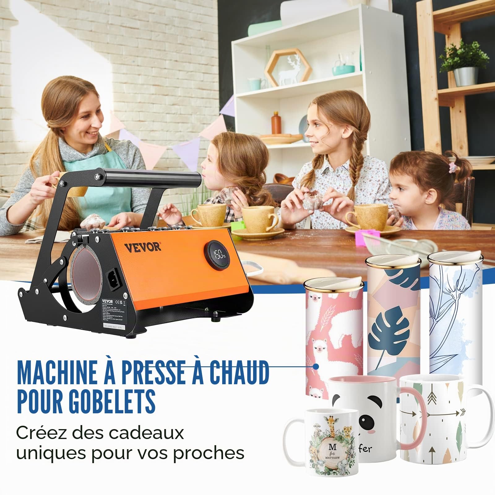 VEVOR Presse à chaleur pour gobelets, machine de presse à chaleur pour tasses de 80 ml, transfert de sublimation de 11 à 15 onces, 16 à 65 ml, tasses droites et fines, presse à chaleur de tasse
