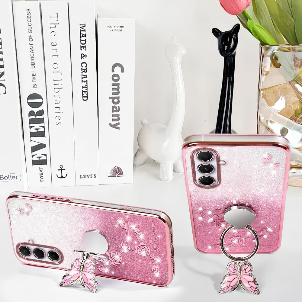 Funda protectora para Samsung Galaxy A14 5G/4G, funda protectora de TPU con soporte y correa para Samsung A14 5G/4G para mujeres y niñas, funda protectora de TPU con purpurina y mariposa floral