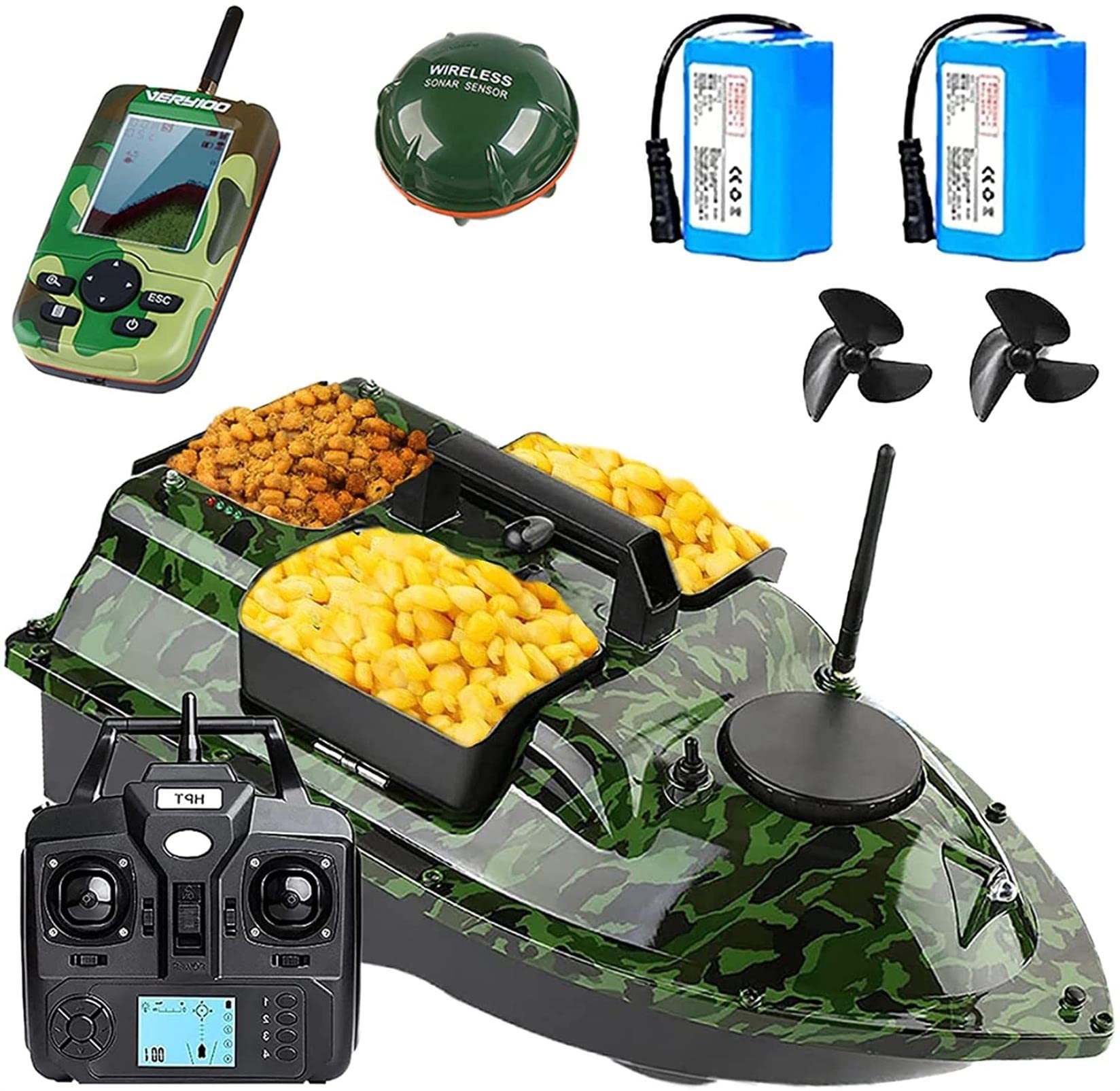 Barco de Cebo de Pesca Inteligente, Barco buscador de Peces con Posicionamiento GPS, Barco cebador carpfishing con 3 contenedores de Cebo y luz Nocturna, Adecuado para la Pesca Nocturna