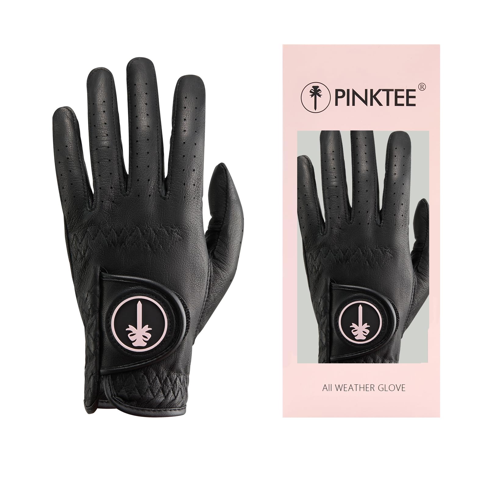 Pinktee Damen-Golfhandschuh, Premium-Cabretta-Leder, linke Hand, Allwetter-Griff, elastisches Armband