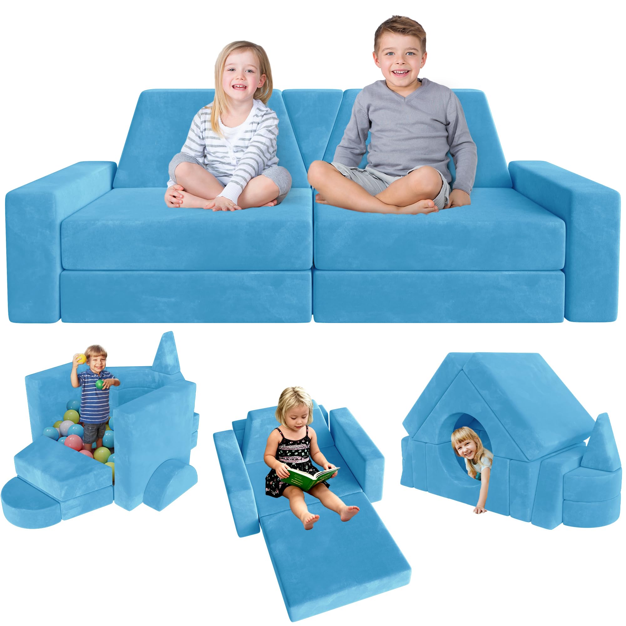 YEFU 15pcs Modular Kids Play Couch，1000+ Imagination Creative Play | for kids ages 1+,7 shapes,countless configurations,30D high-density foam,fort building,washable cover, playroom,birthday gift