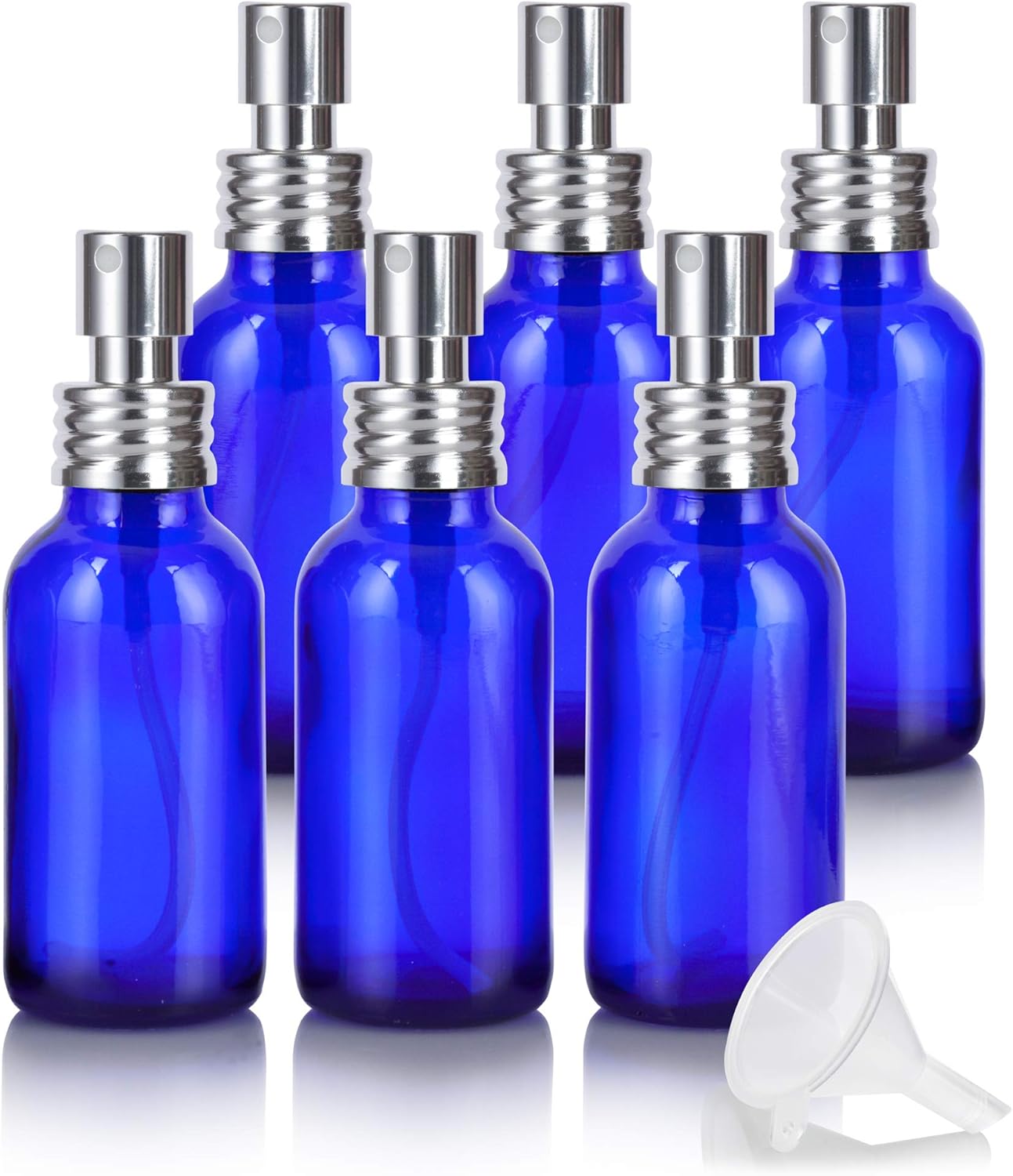 JUVITUS 1 oz / 30 ml Cobalt Blue Glass Boston Round Bottle with Silver Metal Aluminum Fine Mist Spray (6 Pack) + Funnel