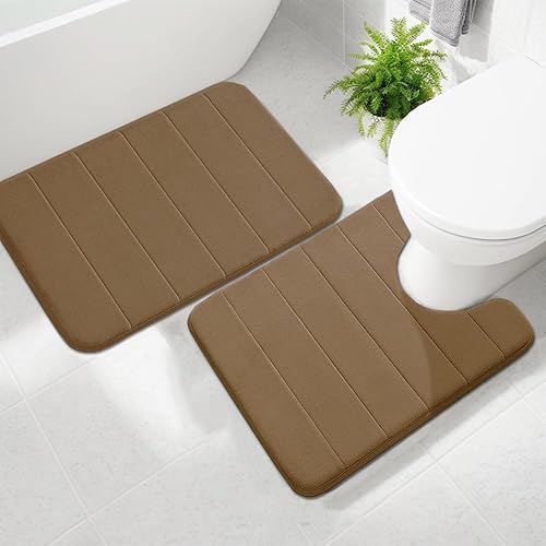 Miniatura 10 de Juego de 2 alfombrillas de baño para inodoro en forma de U, supersuaves, absorbentes, de secado rápido, alfombras de baño de espuma viscoelástica