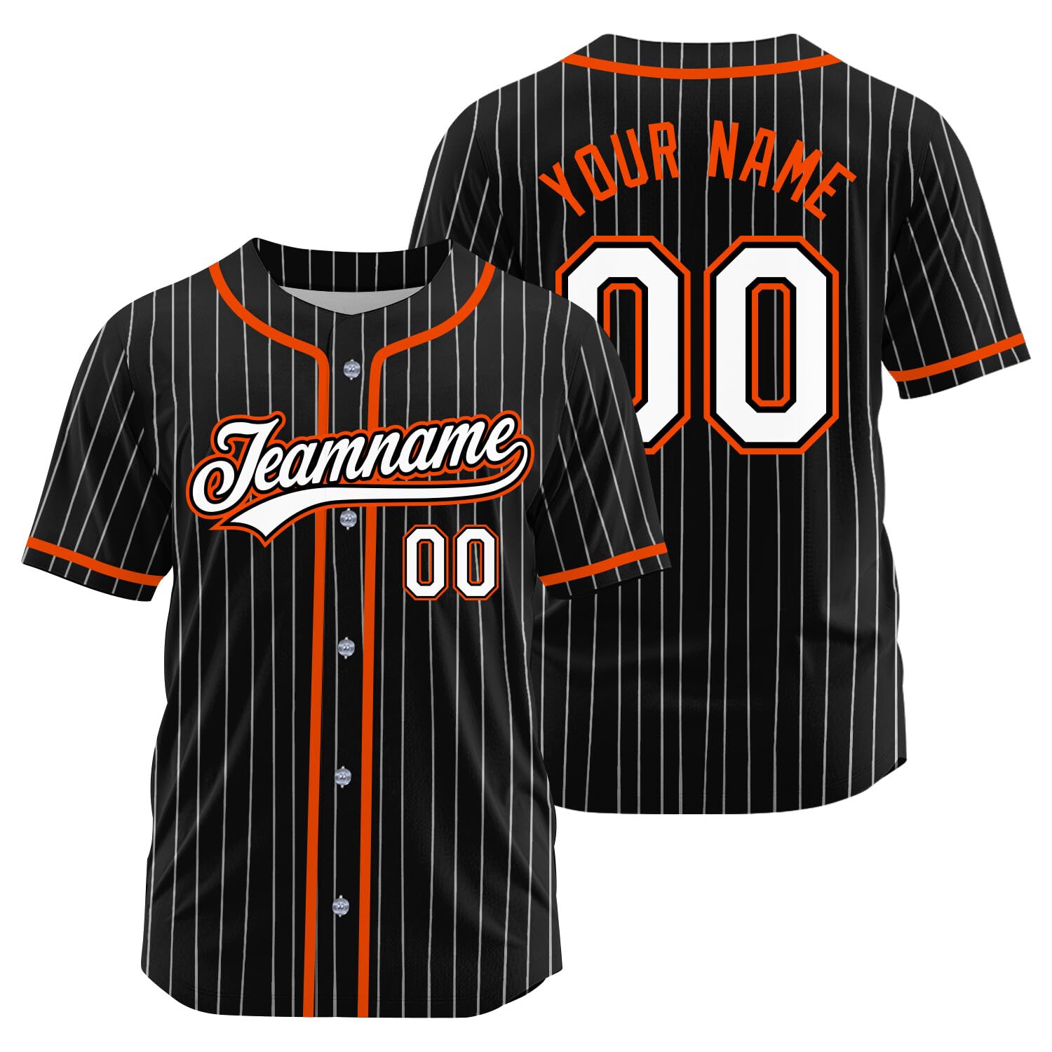Custom Pinstripe Baseball Jersey, Personalized Name Number and Logo, Softball Sport Shirts for Men Women Youth in Black Orange