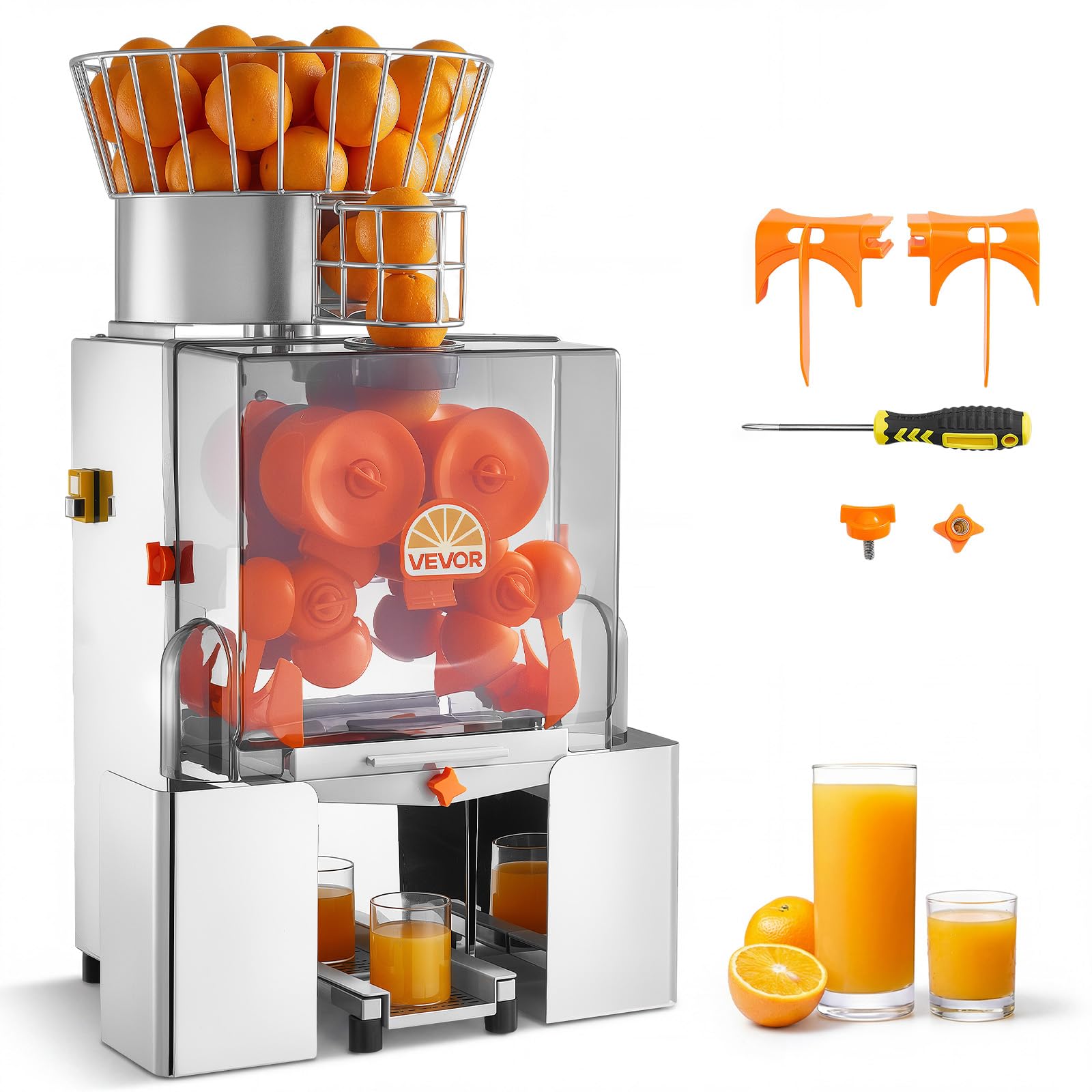 VEVOR Máquina Exprimidora Automática de Naranjas Comercial 120 W Eléctrico, De Acero Inoxidable y PC, Con 2 Recipientes, Capacidad para Hasta 20 Naranjas por Minuto, Para Limones y Cítricos 55-80 mm