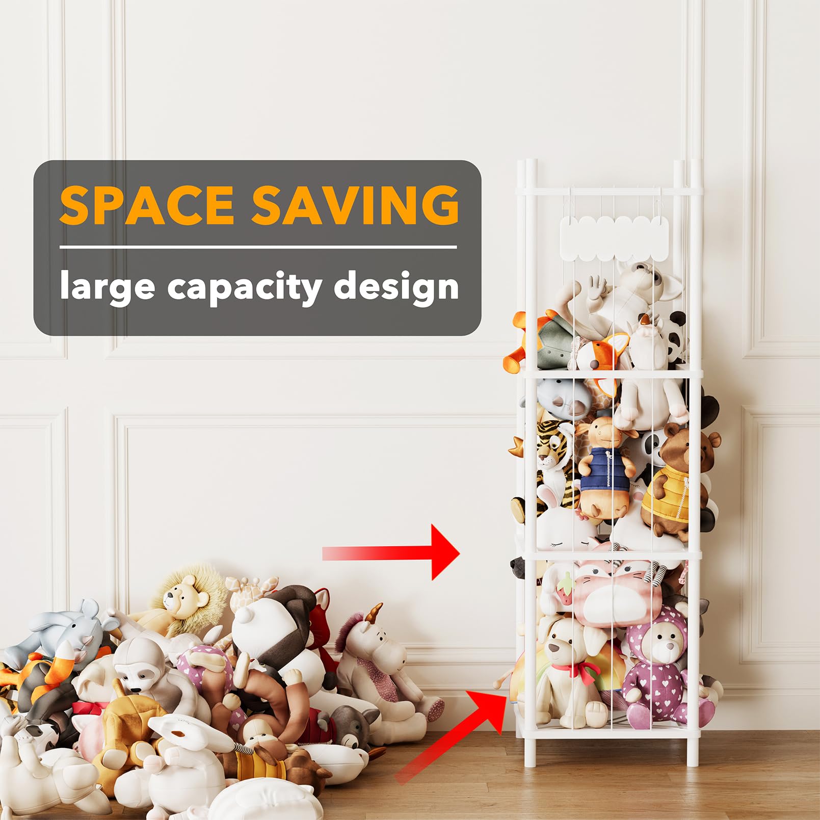 SpaceAid Organizer per animali di peluche, in legno, per giocattoli dello zoo, grande capacità, per l'organizzazione della stanza dei giochi, larghezza 40 cm, bianco