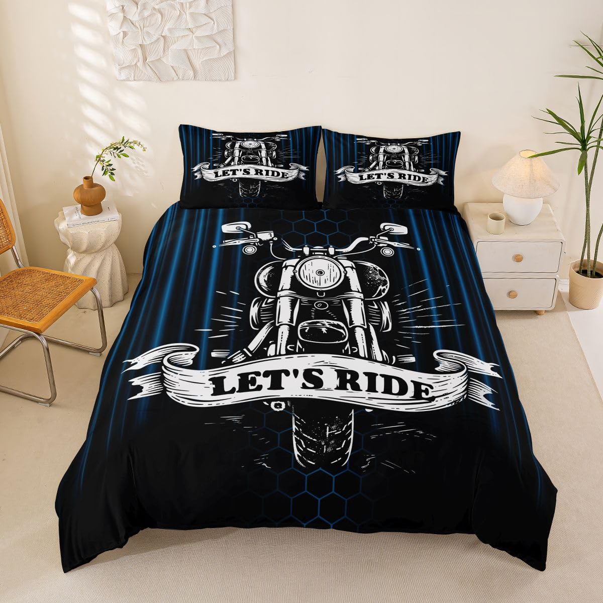 Housse de couette moto cross noir et blanc 140x200 pour lit simple