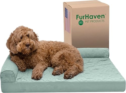 Furhaven - Cama Pinsonic ortopédica acolchada para perros, con estampado de patas, estilo caja de huevos, en forma de L, estilo diván, de felpa y