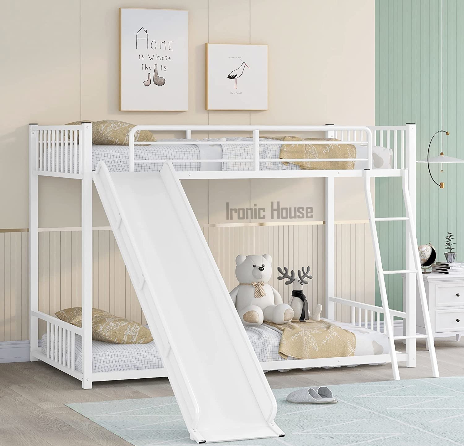 Generic Ironic House Metal Bunk Beds Twin Over Twin With Slide For Kids