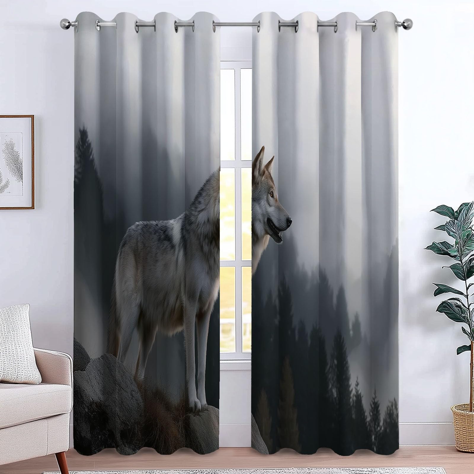 Générique Zasłony izolowane termicznie, 140 L x 260 H cm, zestaw 2 zasłon z motywem wilka, z przelotkami, do sypialni i salonu, jasnoszare