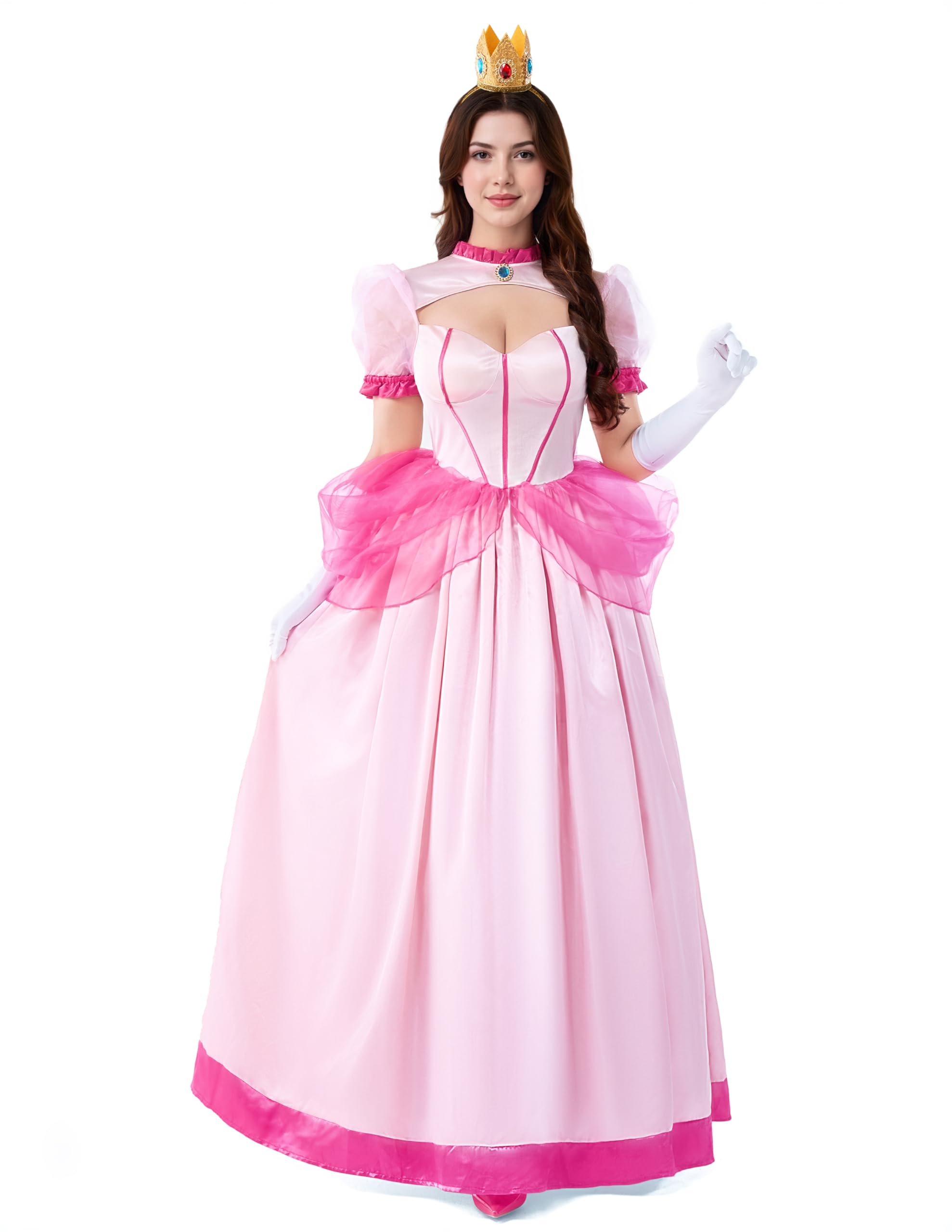 Spooktacular Creations Disfraz Mujer Vestido Rosa Melocotón con Guantes y Corona, Vestido Princesa para Disfraces Halloween Mujer 2024, Fiestas de Disfraces-S