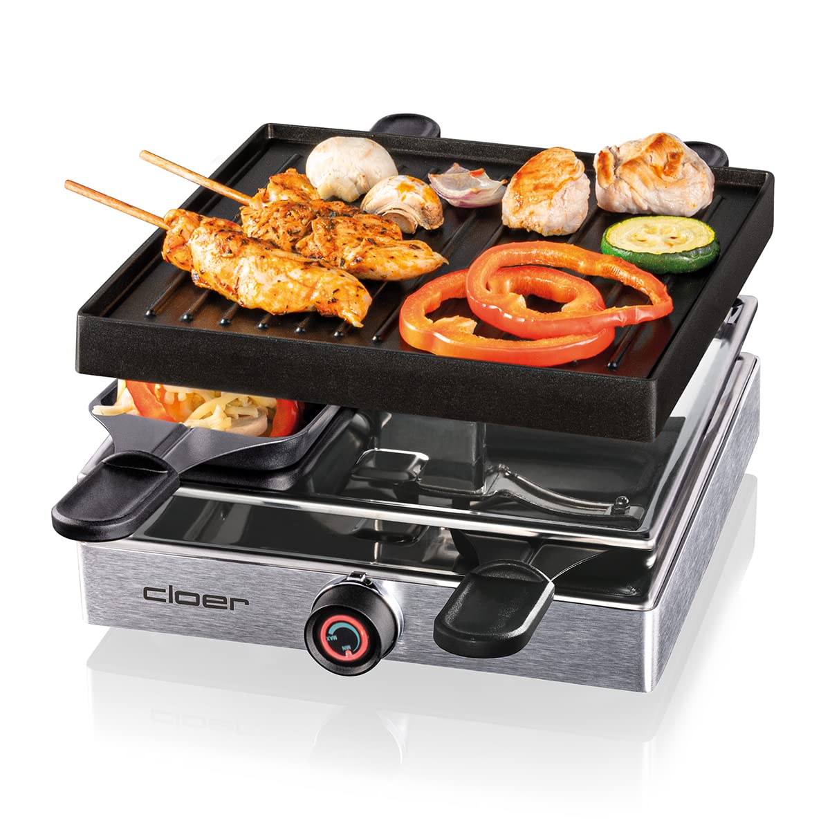 Cloer 6454 Raclettegrill mit Aluminium-Druckguss Platte, 750 W, 4 antihaftbeschichtete Raclettepfännchen, Kunststoffspachtel, unbeheizter Parkplatz, Aluminium
