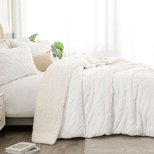Miniatura 4 de BEDELITE Juego de edredón esponjoso tamaño king, edredón blanco sherpa súper suave para cama tamaño King, juego de ropa de cama cálido de lujo para