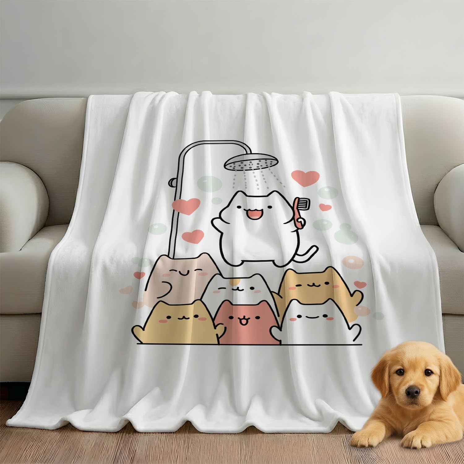 Koc flanelowy, koc do przytulania, 150 cm x 200 cm, kreskówka, minimalistyczna głowa prysznicowa, kot, super miękki, ciepły, puszysty koc z nadrukiem, koc z mikrofibry, biały koc na sofę