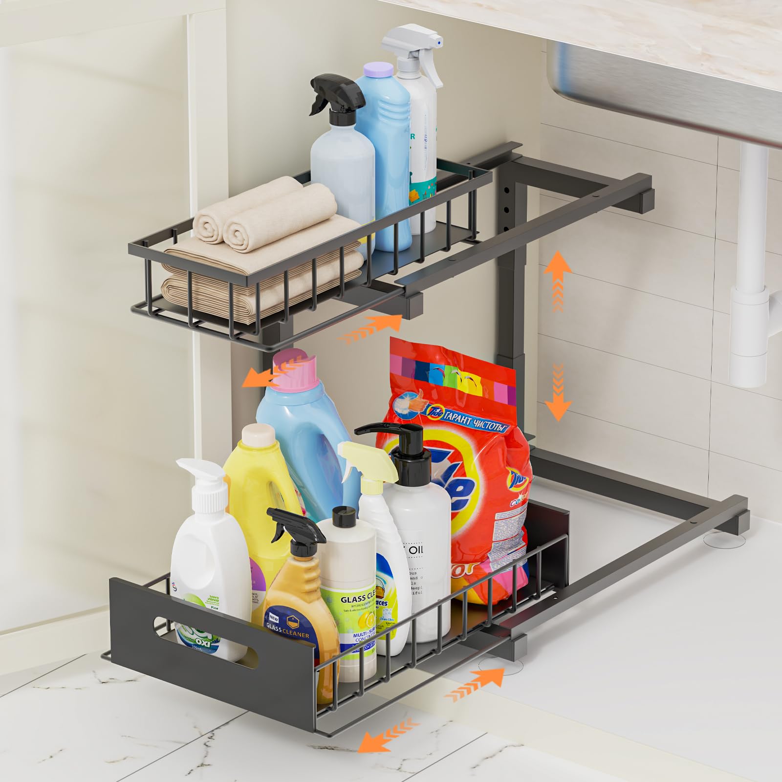 Toyear Under Sink Organizer, Heavy Duty Metal Pull Out Cabinet Organizer Slide Out Sink Shelf Organizer Height Adjustable, Multi-Purpose Storage Shelf