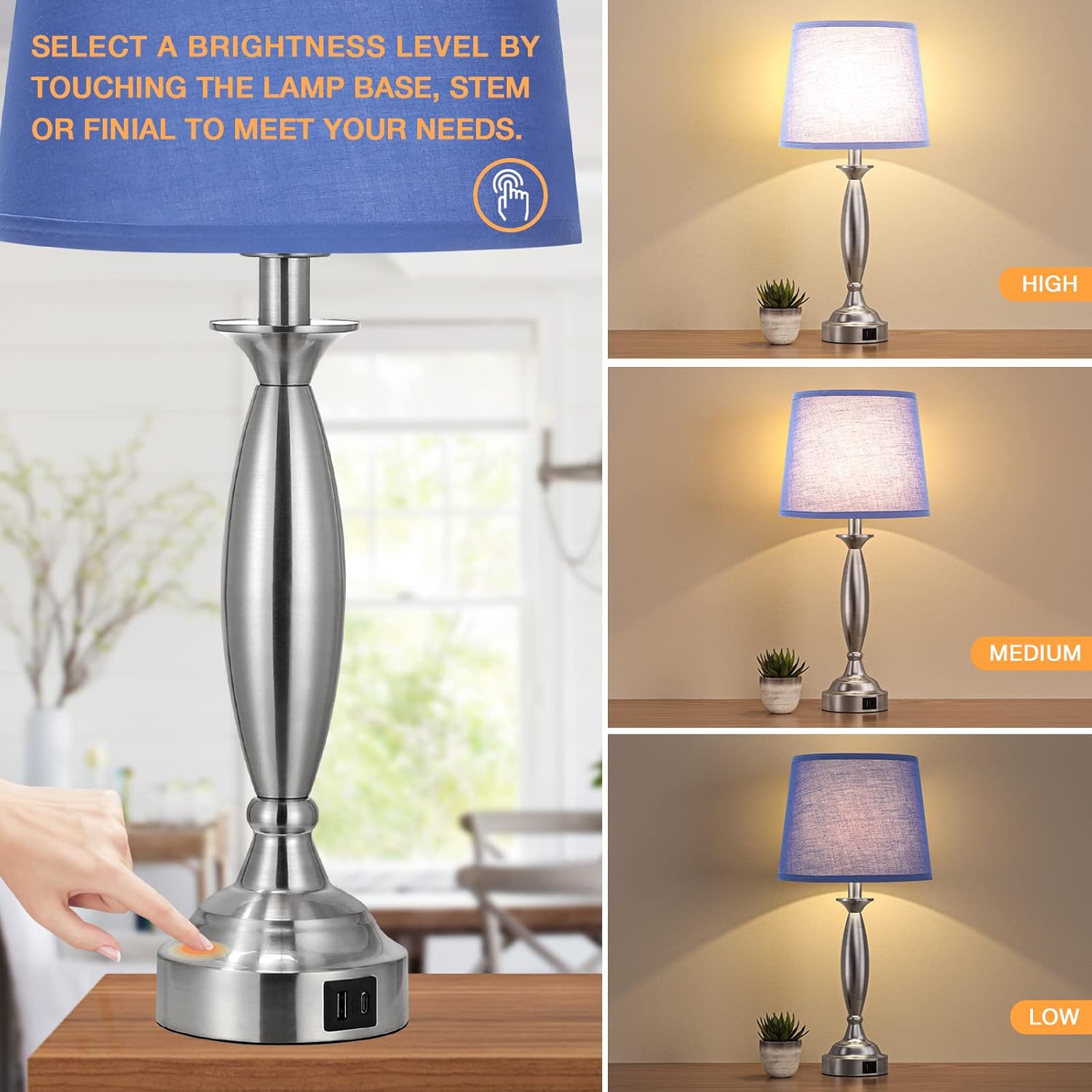 Blue Linen Shade Nickel Base Touch Control Table Lamps Set of 2