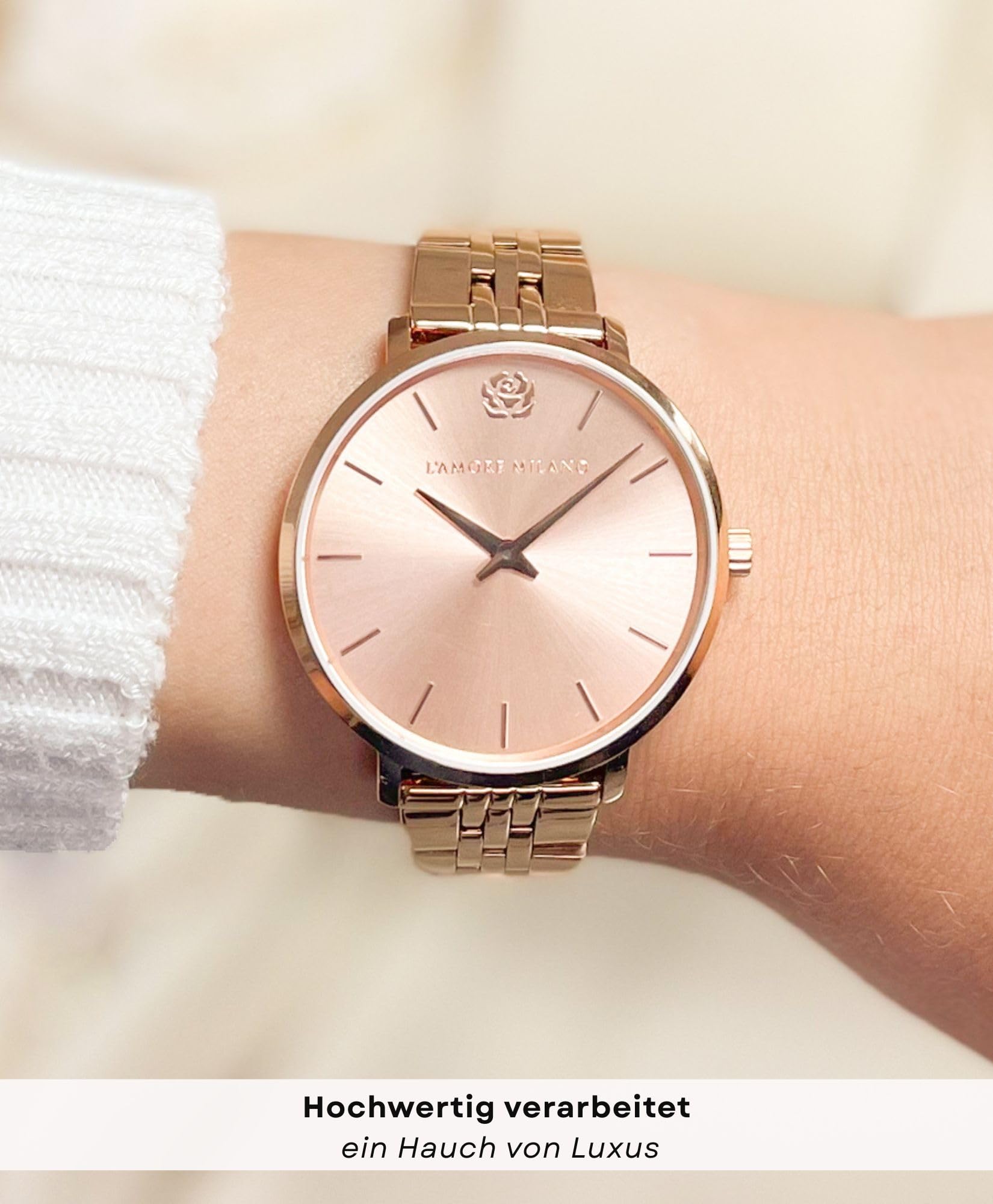 L'AMORE MILANO Damenuhr Rosenbox - Hochwertige Armbanduhr Edelstahl mit luxuriösem eckigem Design, wasserdicht 5 ATM - Edles Geschenk für Frauen, Freundin, Mutter - 36mm Damen Uhr