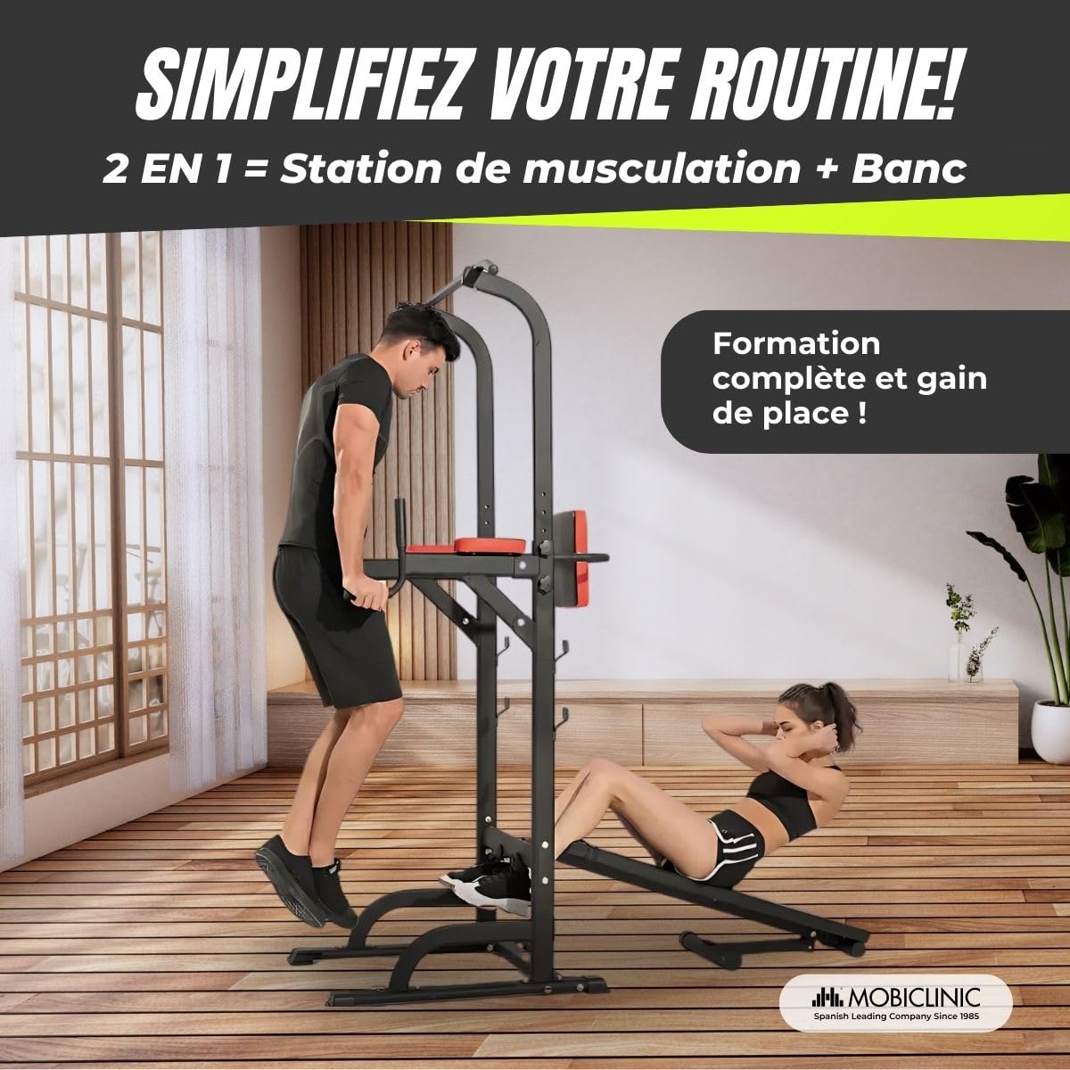 Mobiclinic®, Station de Musculation avec Banc, 9 en 1, Pliable, Domifit, Réglable 8 Hauteurs, Barre Traction, Banc Incliné, Support pour Haltères, Multifonction, Antidérapant, Rembourré