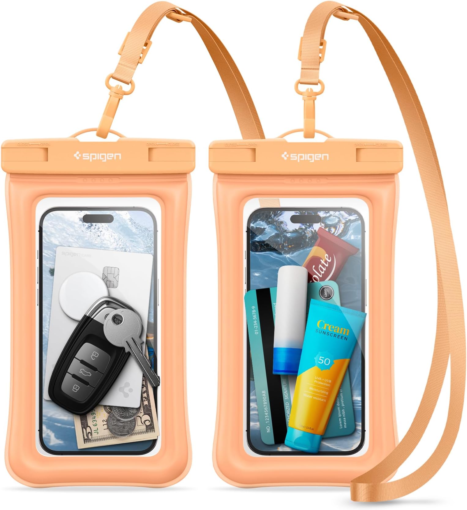 Spigen [2 PACK Aqua Shield Floating Waterproof Phone Pouch Up to 8.2, [Extra Large] [Non-Toxic TPU] IPX8 Case for iPhone 17 16 16e 15 14 Pro Max Plus, Samsung S25 S24 Ultra, Pixel more - Apricot