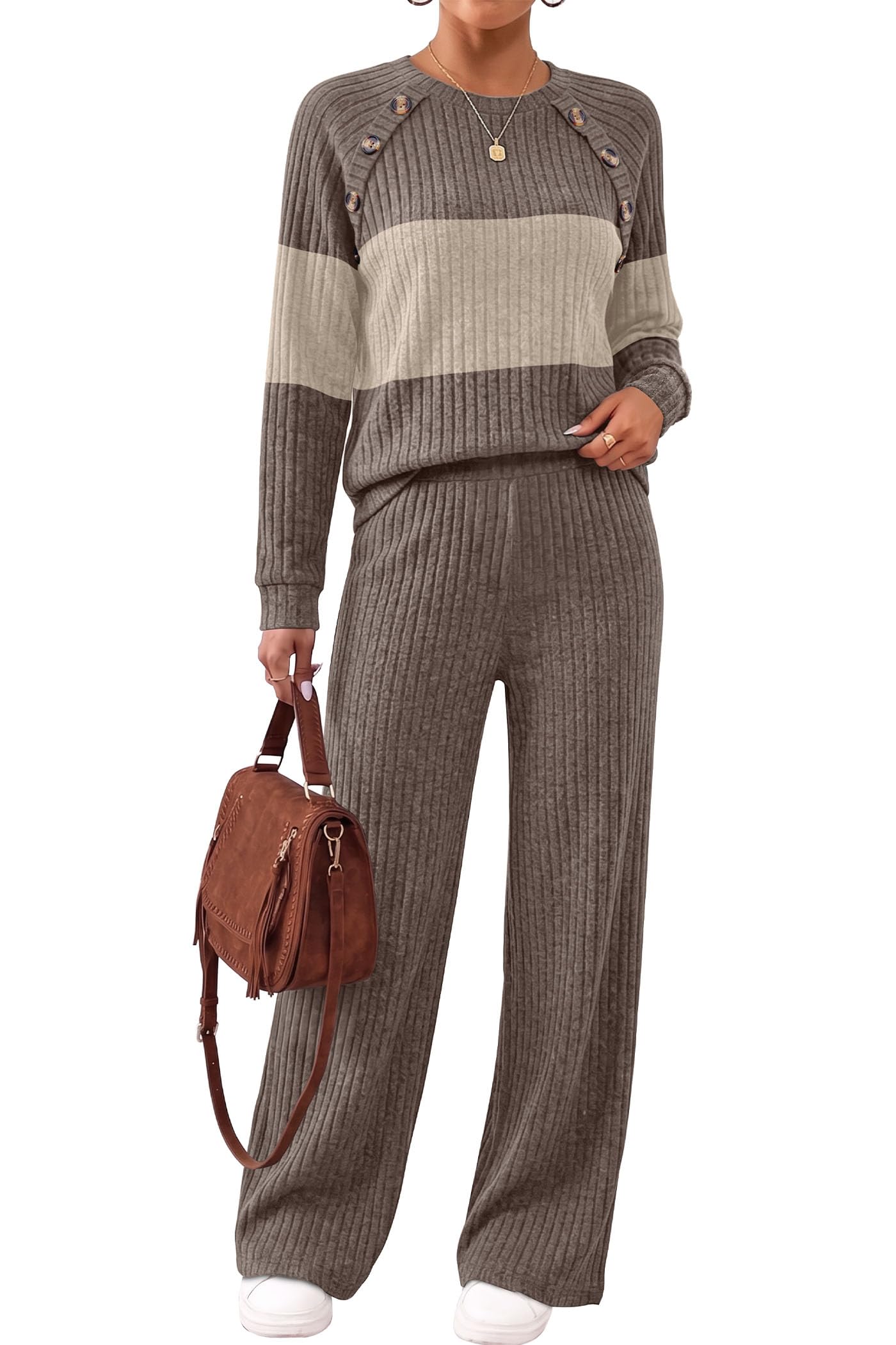 WIHOLL Lounge Sets for Women 2 Piece Button Fall Outfits Airport Sweater | Fashion Clothing,Loungewear,Airport Travel,Vacation,Teacher Outfits,Resort Wear,Going Out,Casual,Ribbed Knit Sweater Sets